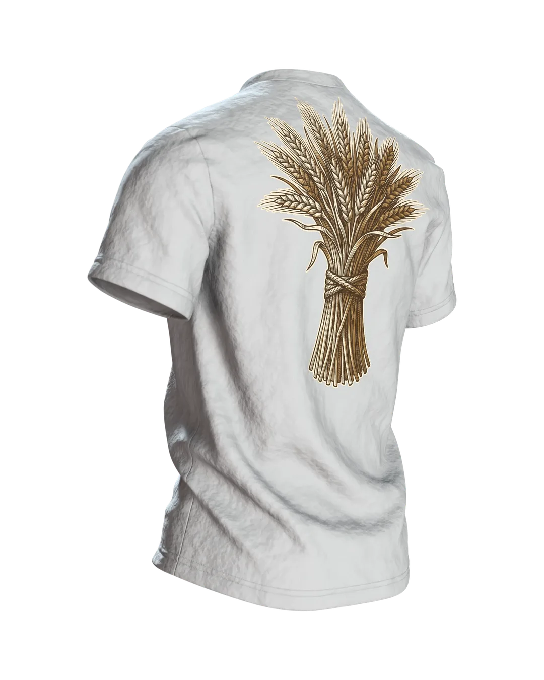 Bierkrug T-Shirt "Hopfen und Malz, Gott erhalt's": Deckelkrug im Kupferstich, Ährengarbe auf dem Rücken, Rückseite schräg rechts