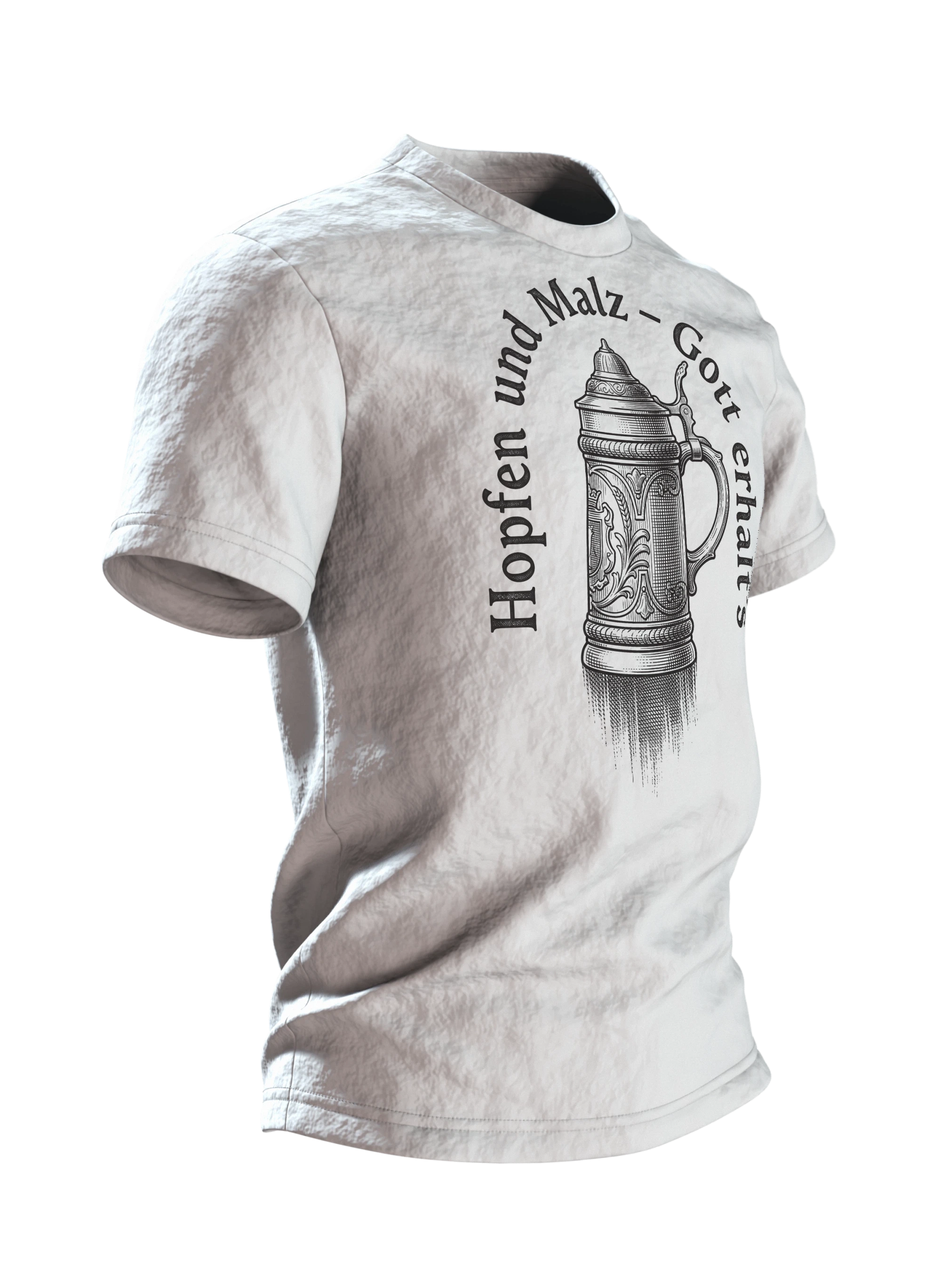 Bierkrug T-Shirt "Hopfen und Malz, Gott erhalt's": Deckelkrug im Kupferstich, Ährengarbe auf dem Rücken, Seitenansicht links
