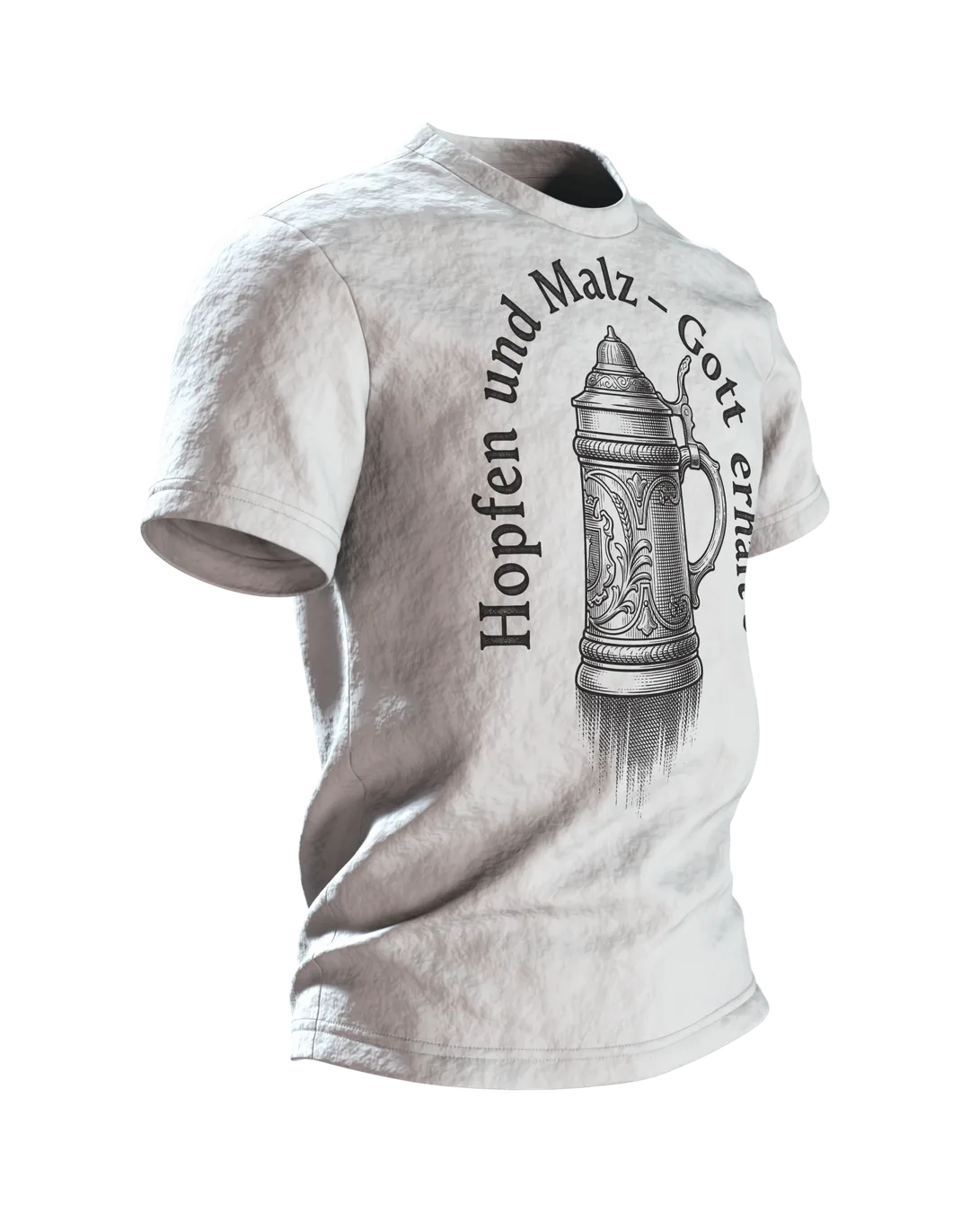 Bierkrug T-Shirt "Hopfen und Malz, Gott erhalt's": Deckelkrug im Kupferstich, Ährengarbe auf dem Rücken, Seitenansicht links
