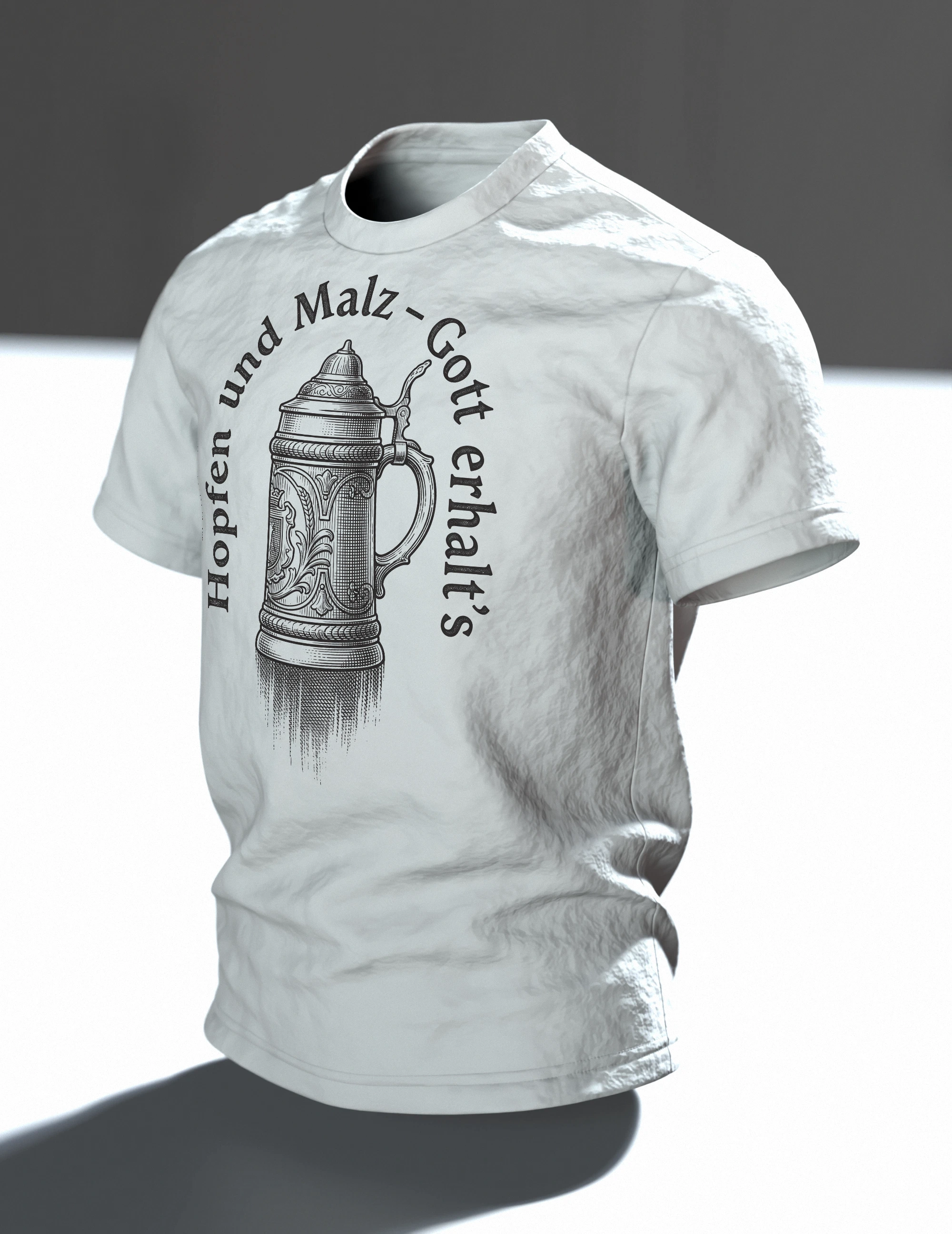 Bierkrug T-Shirt "Hopfen und Malz, Gott erhalt's": Deckelkrug im Kupferstich, Ährengarbe auf dem Rücken, Im Raum, schräg