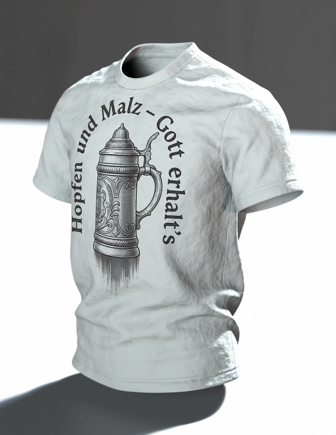 Bierkrug T-Shirt "Hopfen und Malz, Gott erhalt's": Deckelkrug im Kupferstich, Ährengarbe auf dem Rücken, Im Raum, schräg