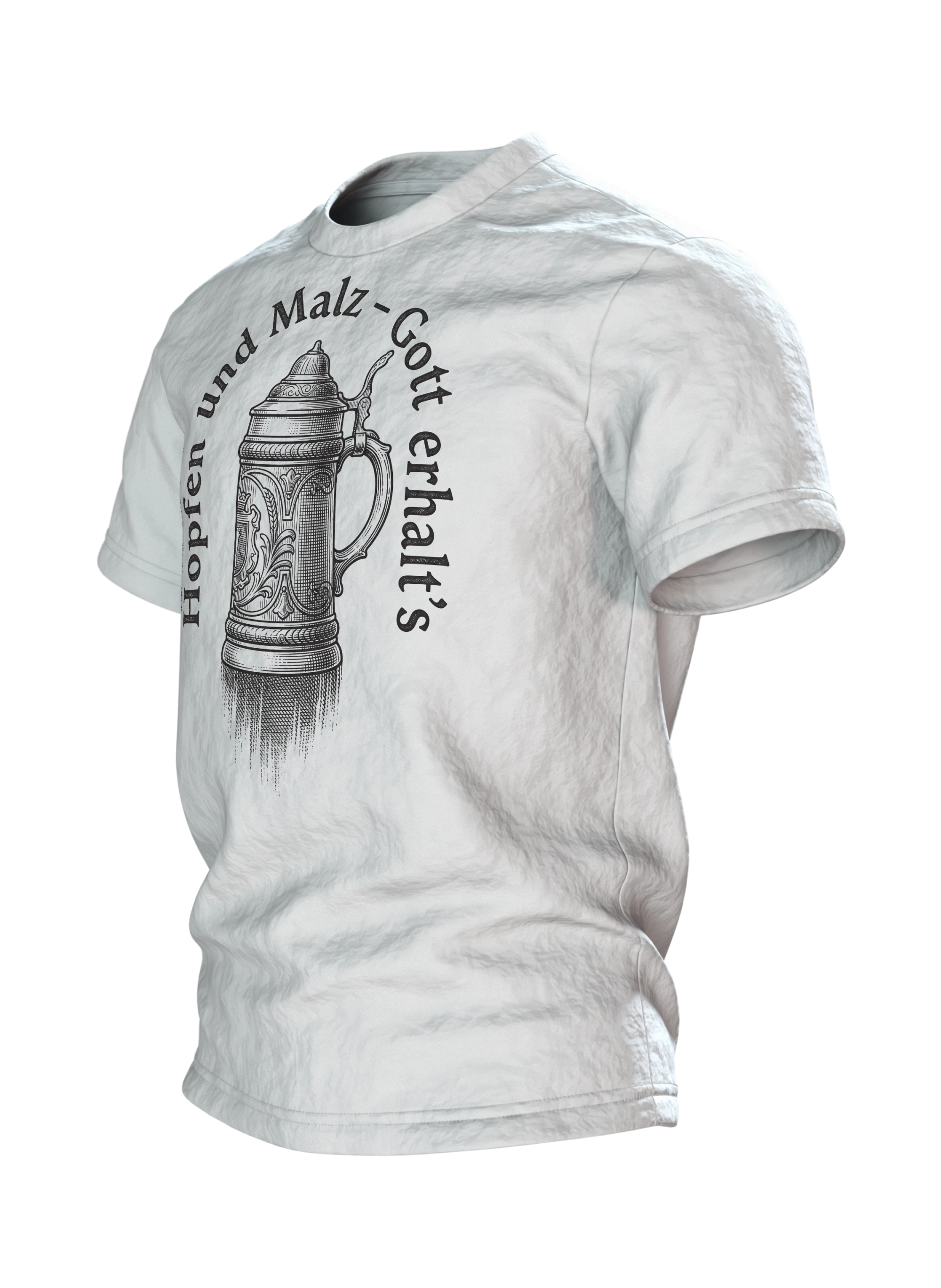Bierkrug T-Shirt "Hopfen und Malz, Gott erhalt's": Deckelkrug im Kupferstich, Ährengarbe auf dem Rücken, Seitenansicht rechts