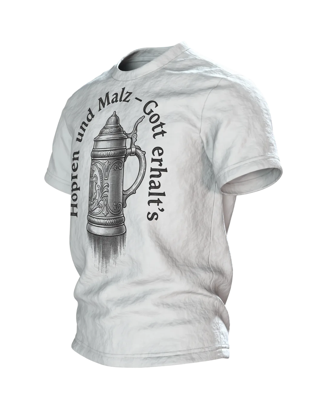 Bierkrug T-Shirt "Hopfen und Malz, Gott erhalt's": Deckelkrug im Kupferstich, Ährengarbe auf dem Rücken, Seitenansicht rechts