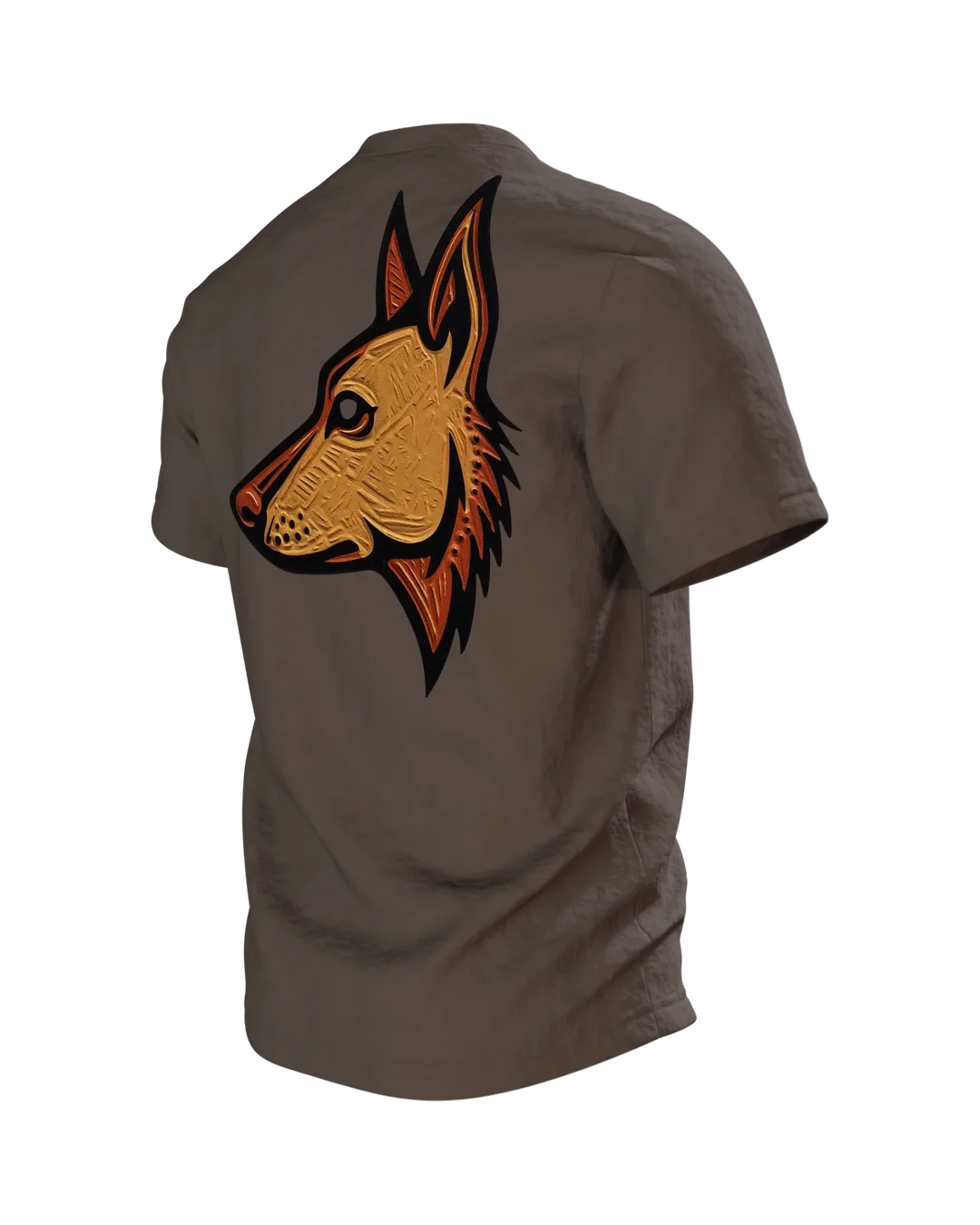 Schäferhund Linolschnitt T-Shirt, Terrakotta-Porträt vorn, Emblem in Gold am Rücken, Rückseite schräg links