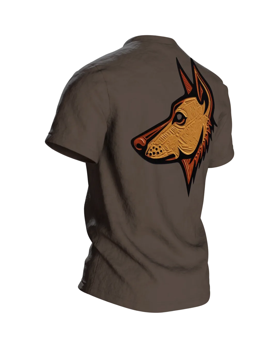 Schäferhund Linolschnitt T-Shirt, Terrakotta-Porträt vorn, Emblem in Gold am Rücken, Rückseite schräg rechts
