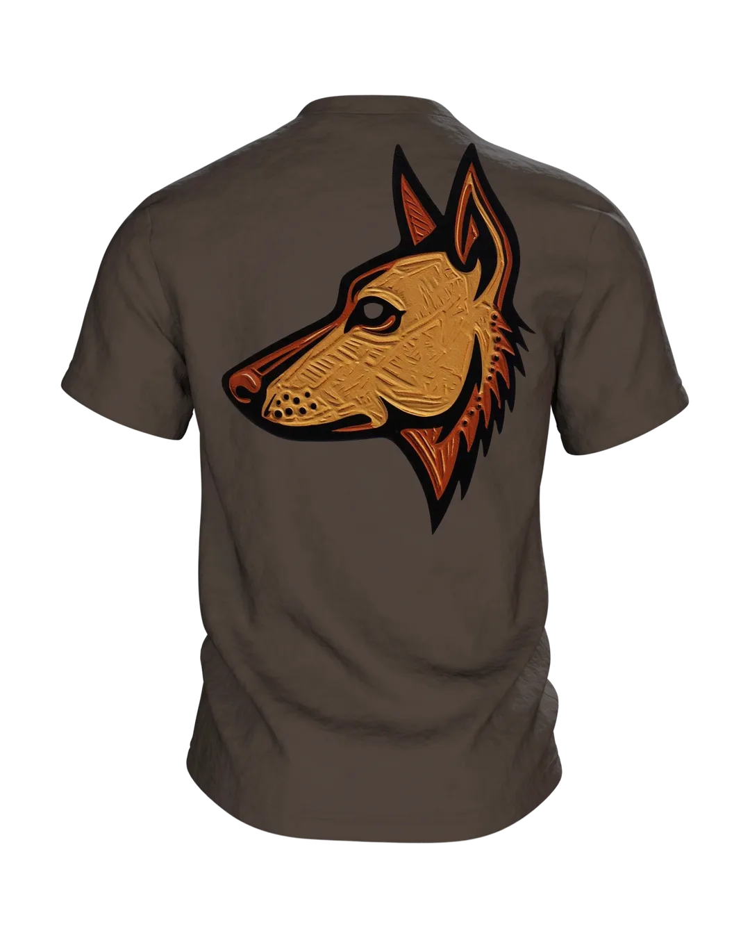 Schäferhund Linolschnitt T-Shirt, Terrakotta-Porträt vorn, Emblem in Gold am Rücken, Rückseite