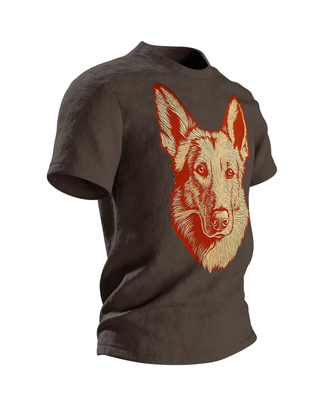 Schäferhund Linolschnitt T-Shirt, Terrakotta-Porträt vorn, Emblem in Gold am Rücken, Seitenansicht links