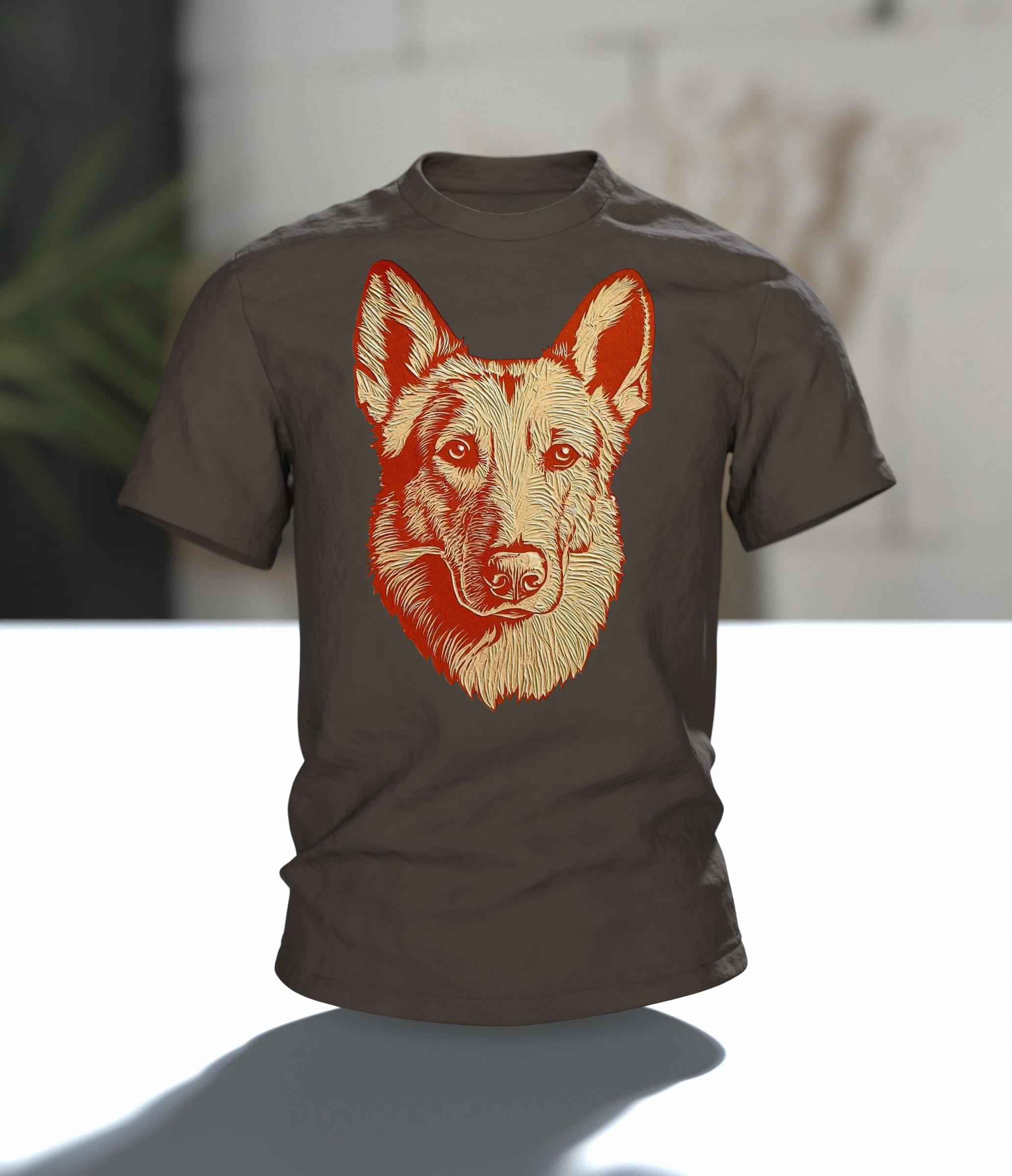 Schäferhund Linolschnitt T-Shirt, Terrakotta-Porträt vorn, Emblem in Gold am Rücken, Im Raum