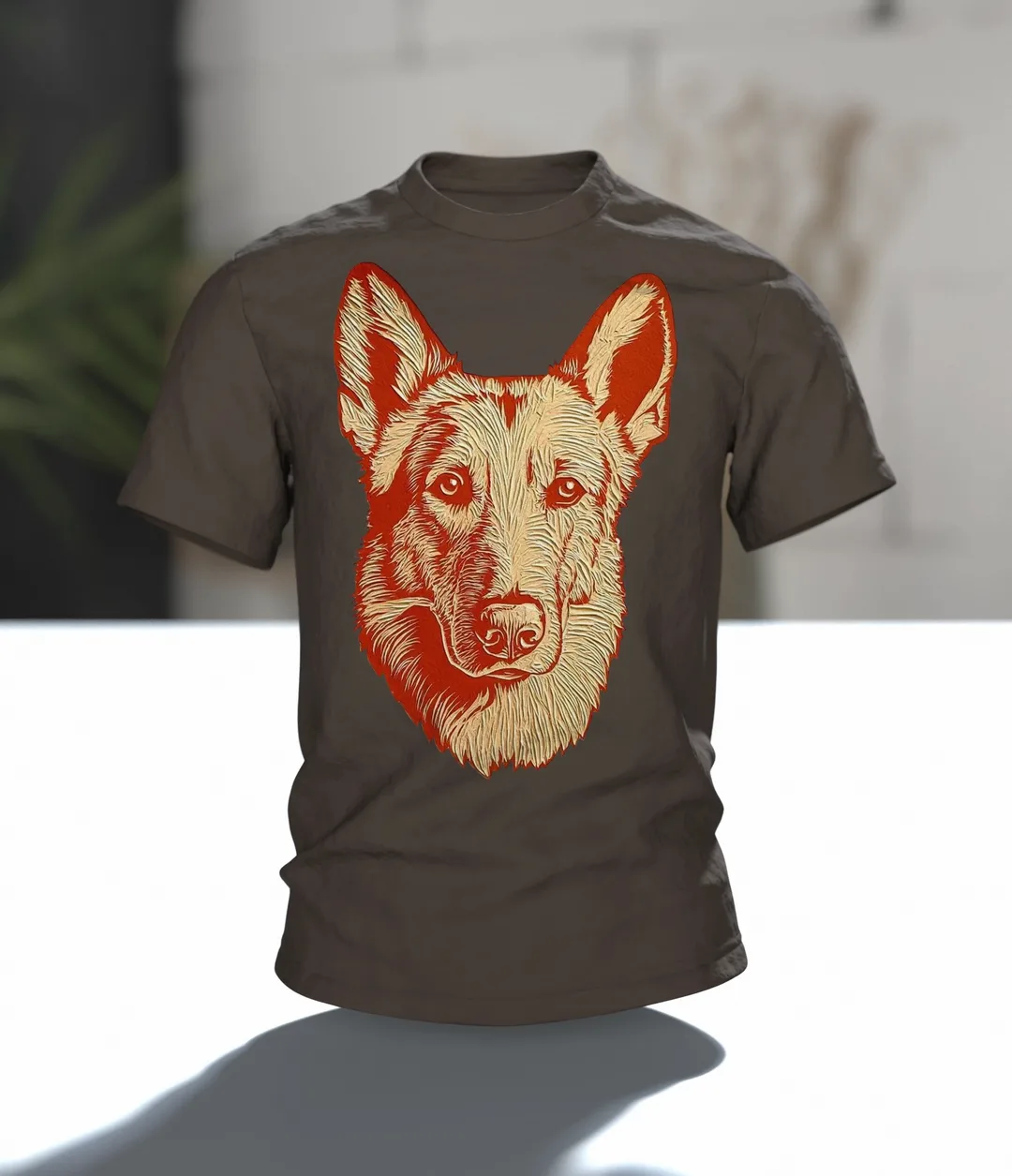 Schäferhund Linolschnitt T-Shirt, Terrakotta-Porträt vorn, Emblem in Gold am Rücken, Im Raum