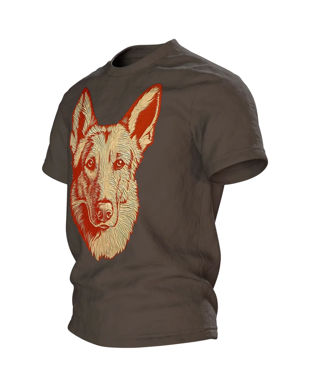Schäferhund Linolschnitt T-Shirt, Terrakotta-Porträt vorn, Emblem in Gold am Rücken, Seitenansicht rechts