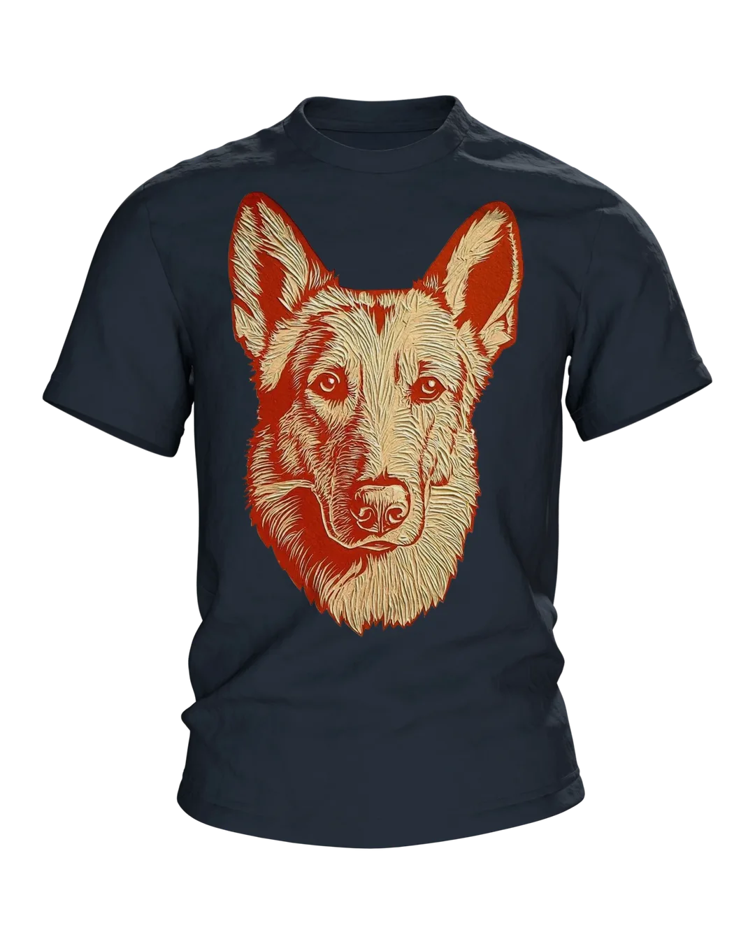 Schäferhund Linolschnitt T-Shirt, Terrakotta-Porträt vorn, Emblem in Gold am Rücken