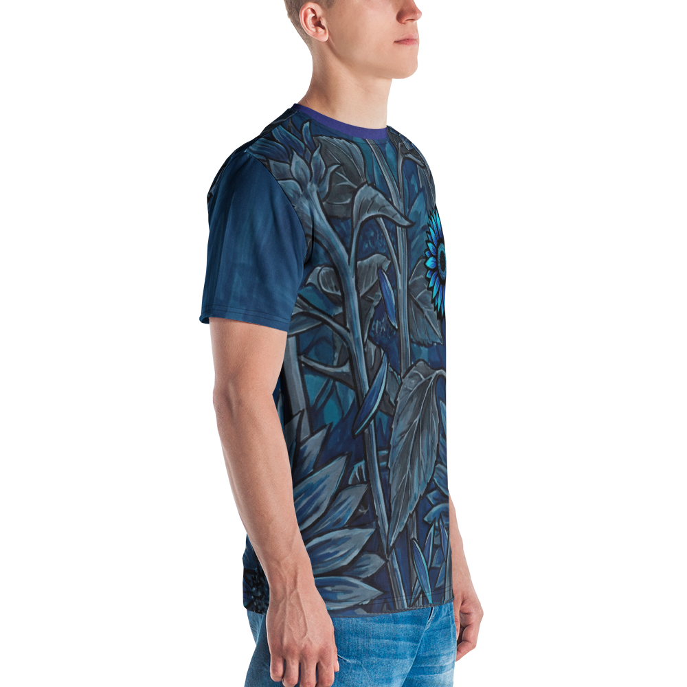 Nachtblaue Sonnenblumen T-Shirt – Surreale Botanik — Ansicht 5