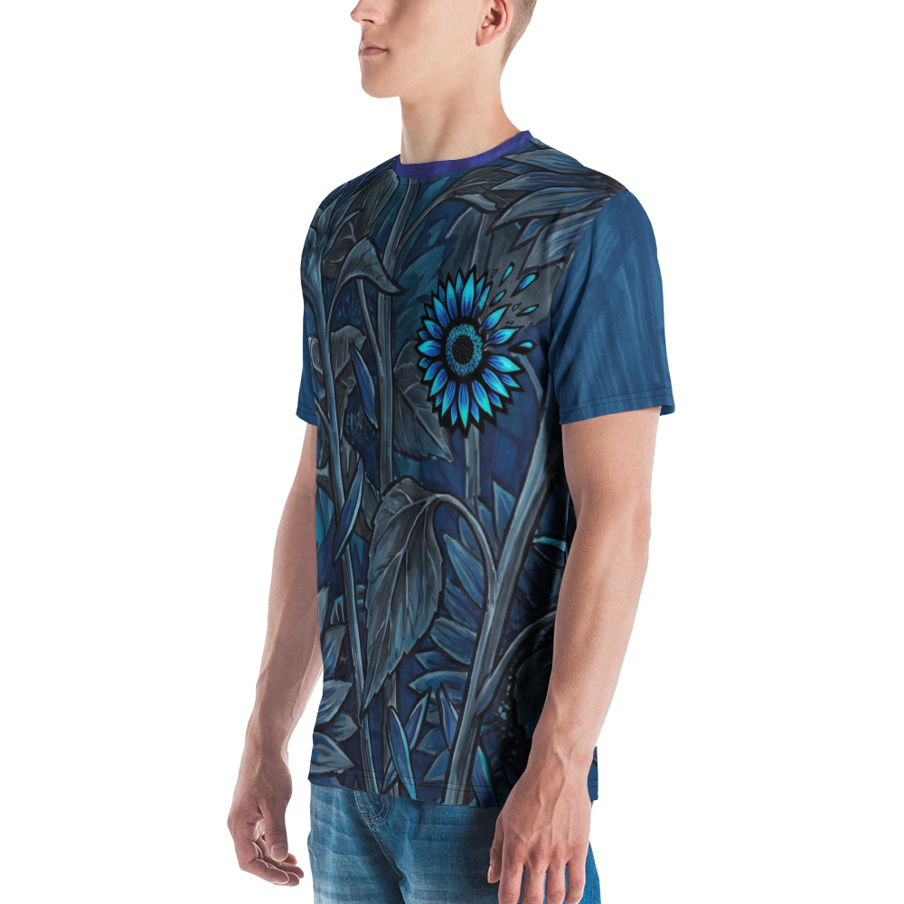 Nachtblaue Sonnenblumen T-Shirt – Surreale Botanik