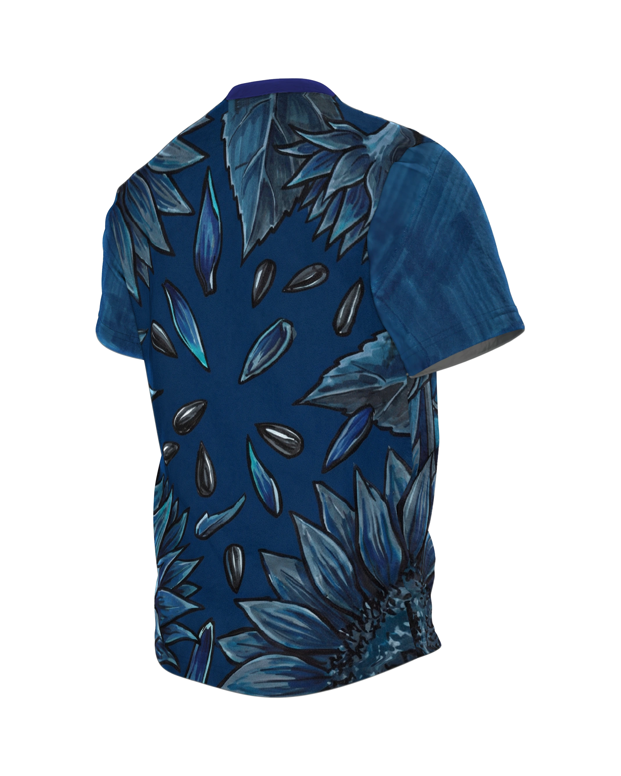 Nachtblaue Sonnenblumen T-Shirt: Surreale Botanik, Rückseite schräg links