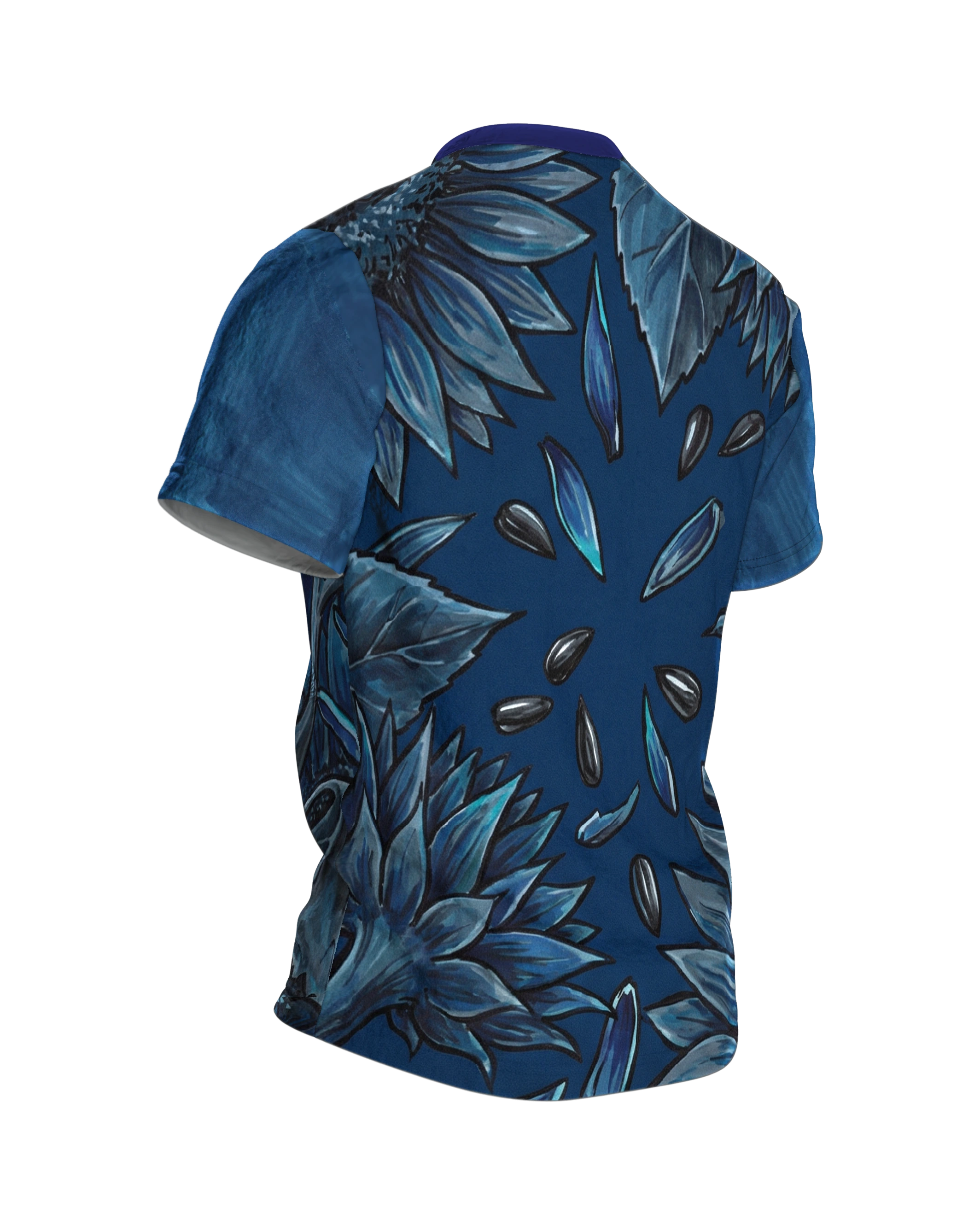 Nachtblaue Sonnenblumen T-Shirt: Surreale Botanik, Rückseite schräg rechts