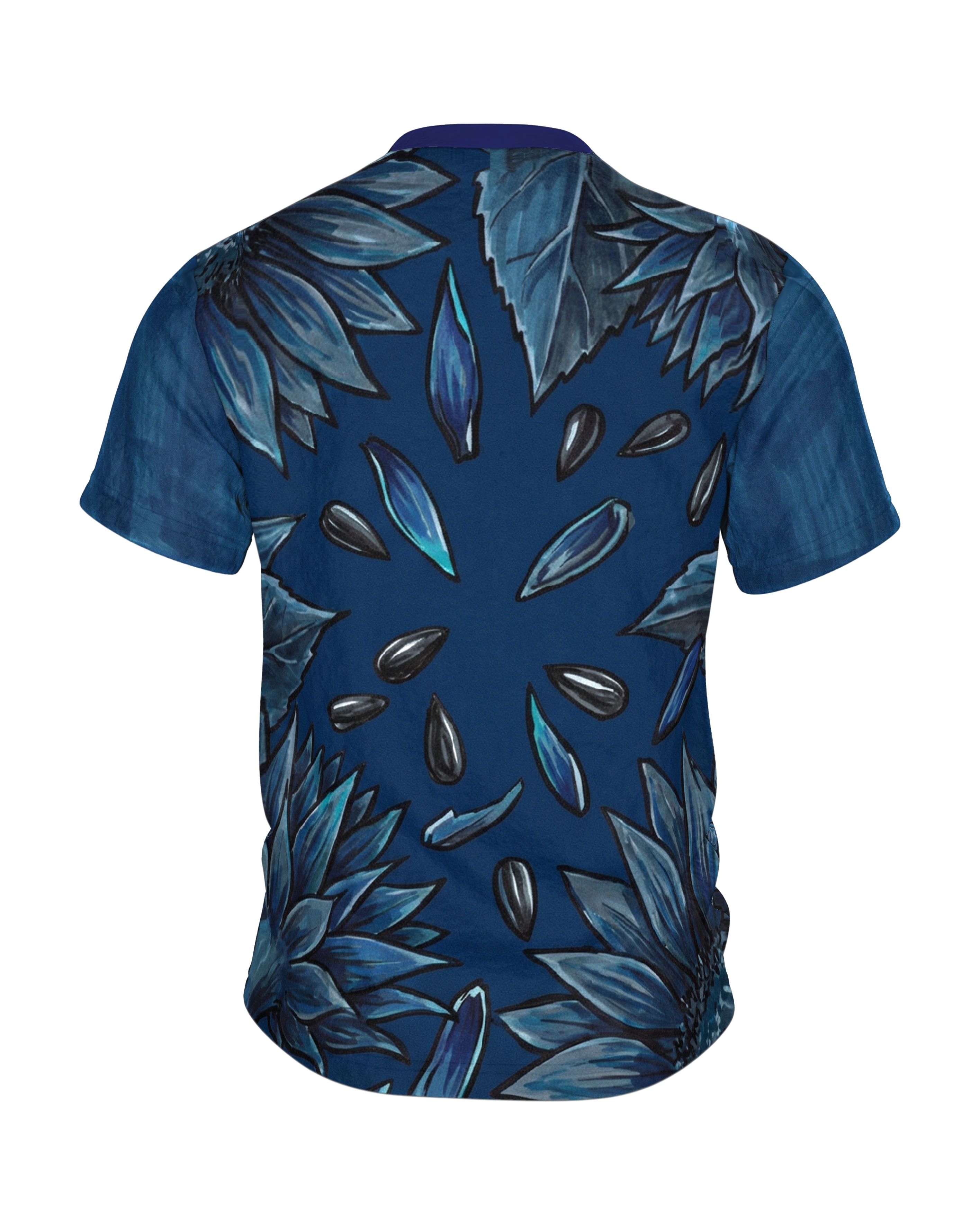 Nachtblaue Sonnenblumen T-Shirt: Surreale Botanik, Rückseite