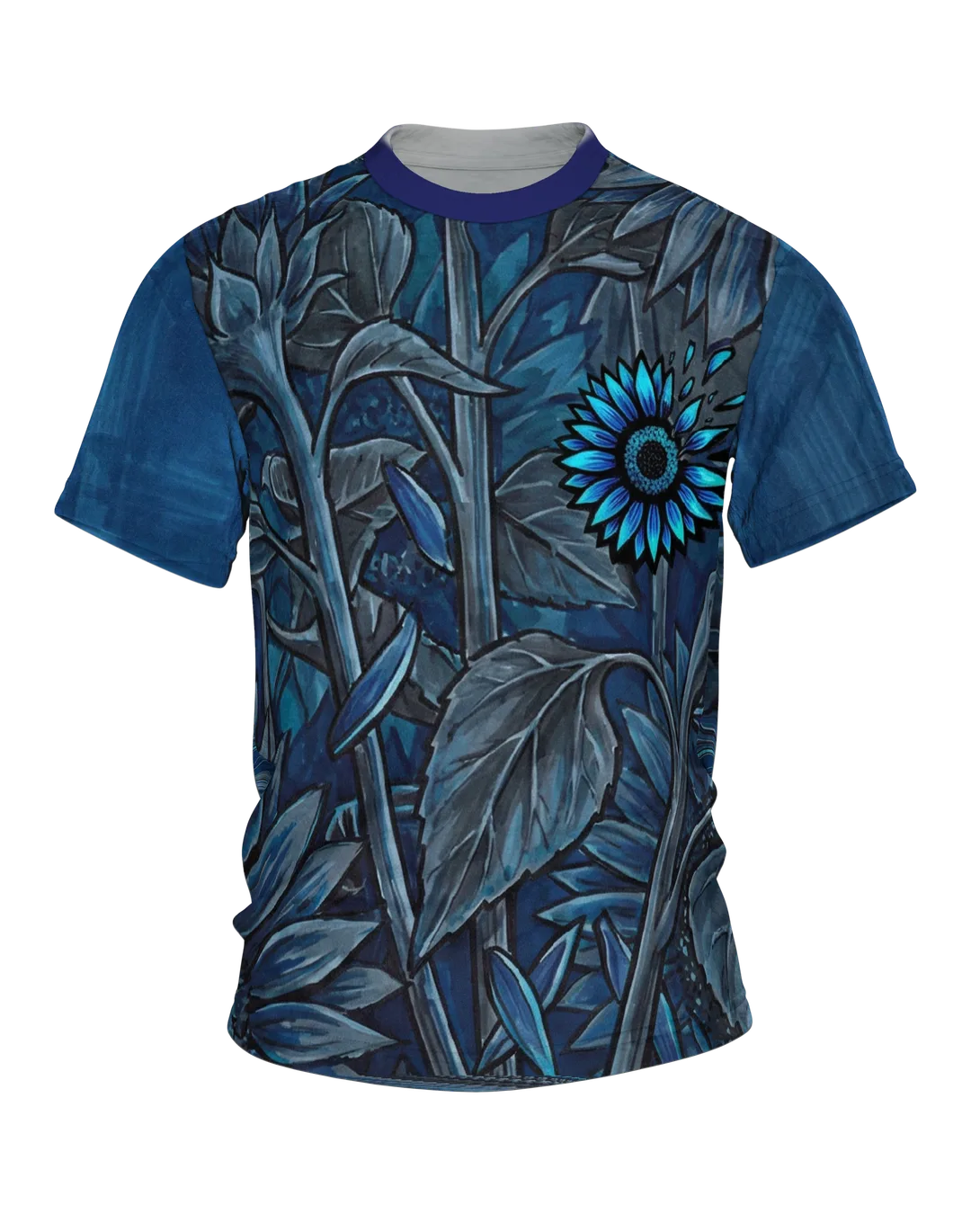 Nachtblaue Sonnenblumen T-Shirt: Surreale Botanik