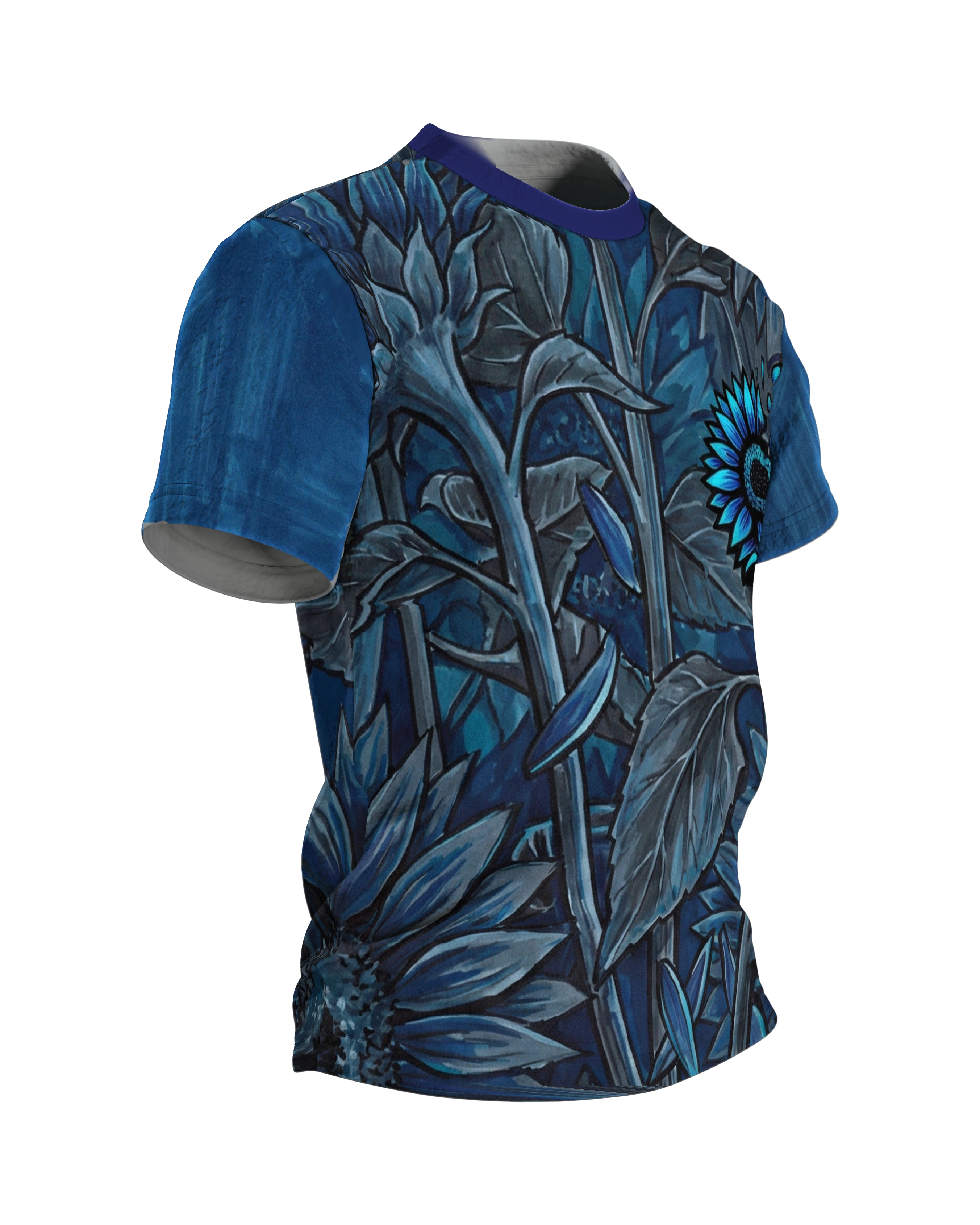 Nachtblaue Sonnenblumen T-Shirt: Surreale Botanik, Seitenansicht links