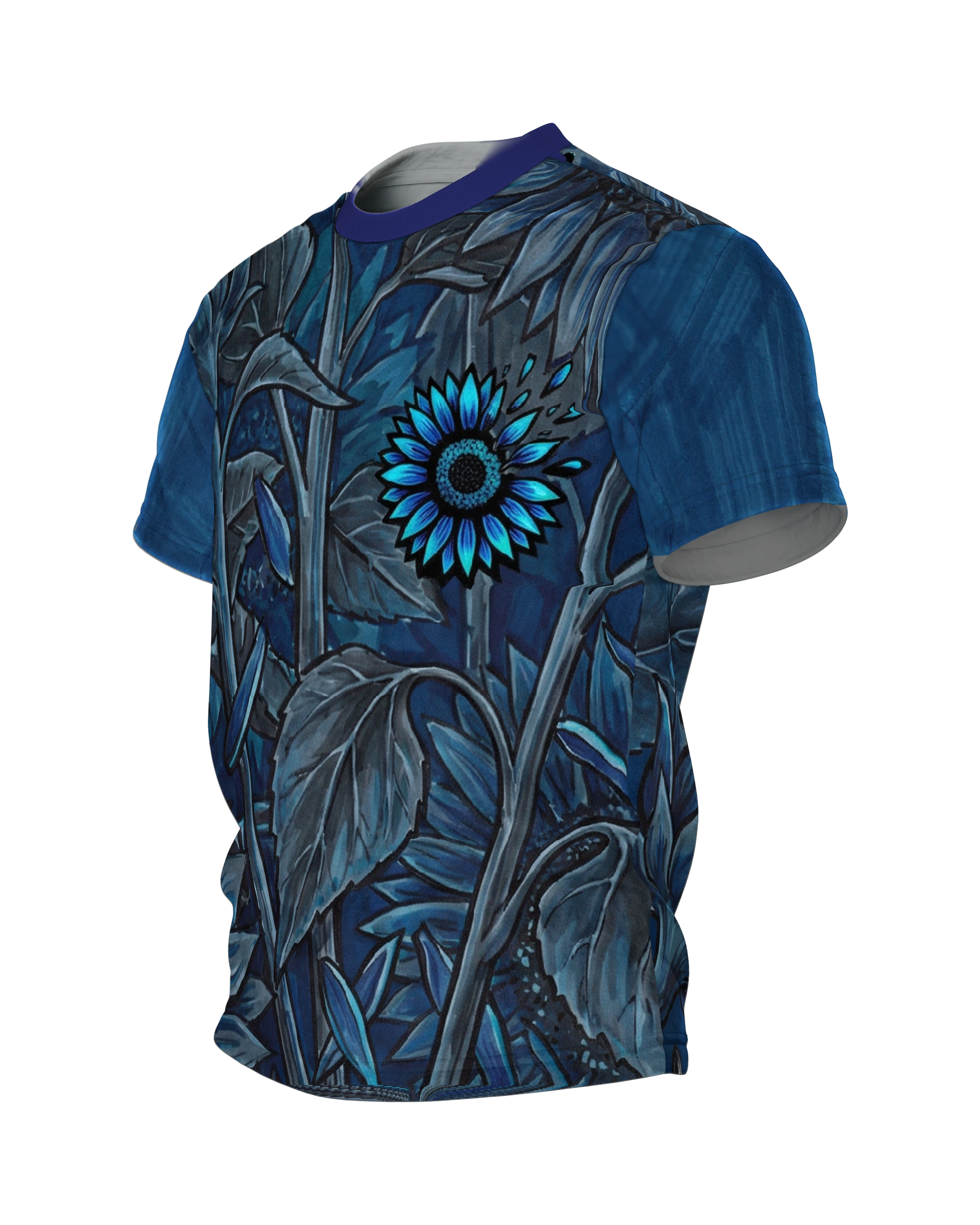Nachtblaue Sonnenblumen T-Shirt: Surreale Botanik, Seitenansicht rechts