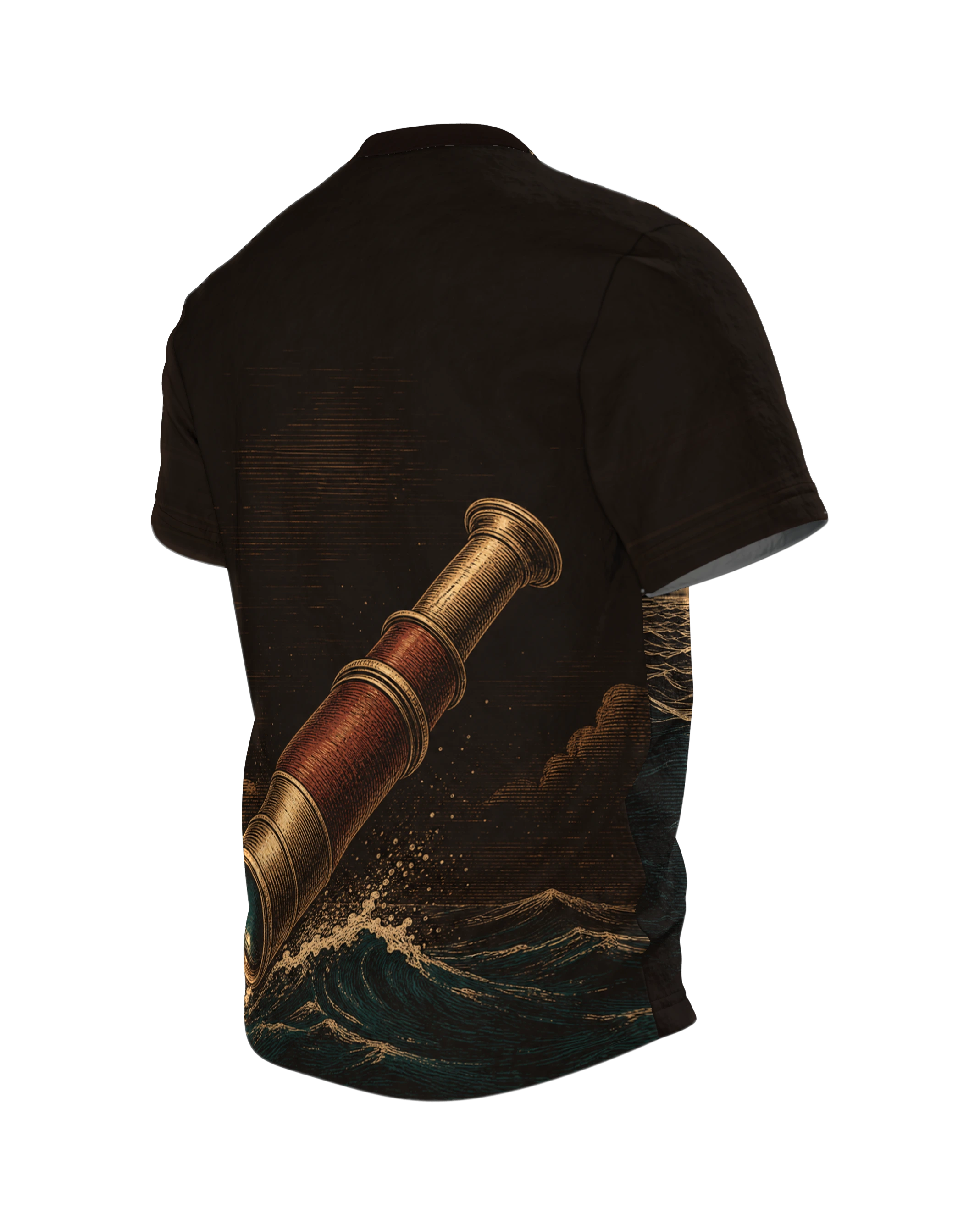 Segelboot T-Shirt: Holzschnitt-Abend mit Hai unter der Wasserlinie, Rückseite schräg links