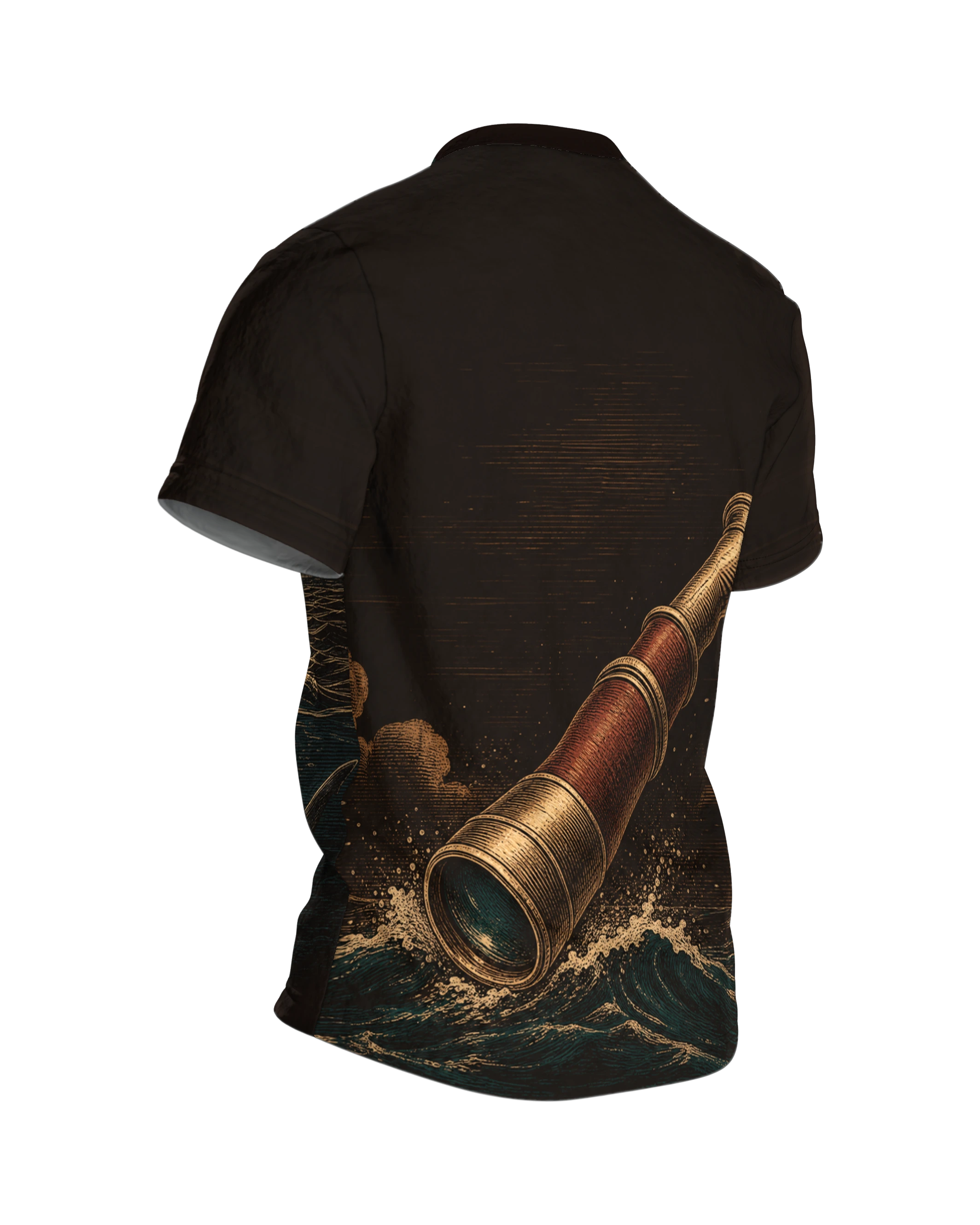 Segelboot T-Shirt: Holzschnitt-Abend mit Hai unter der Wasserlinie, Rückseite schräg rechts
