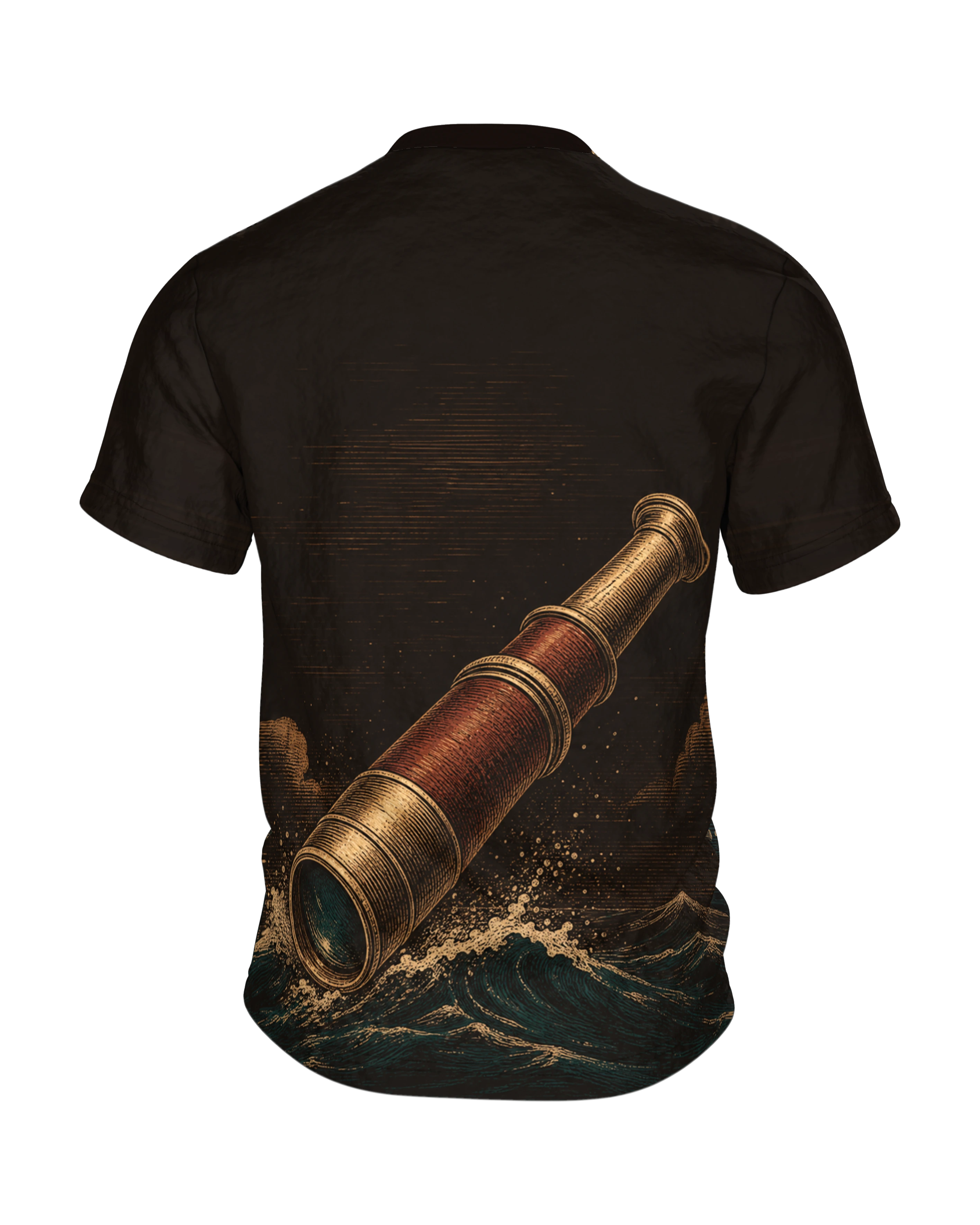 Segelboot T-Shirt: Holzschnitt-Abend mit Hai unter der Wasserlinie, Rückseite