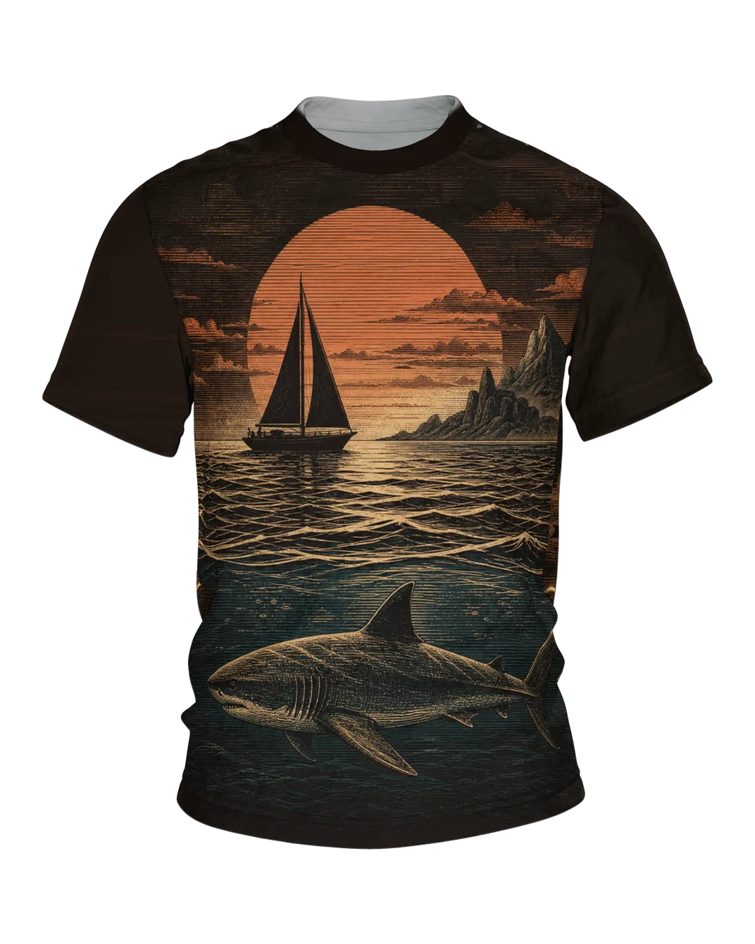 Segelboot T-Shirt: Holzschnitt-Abend mit Hai unter der Wasserlinie