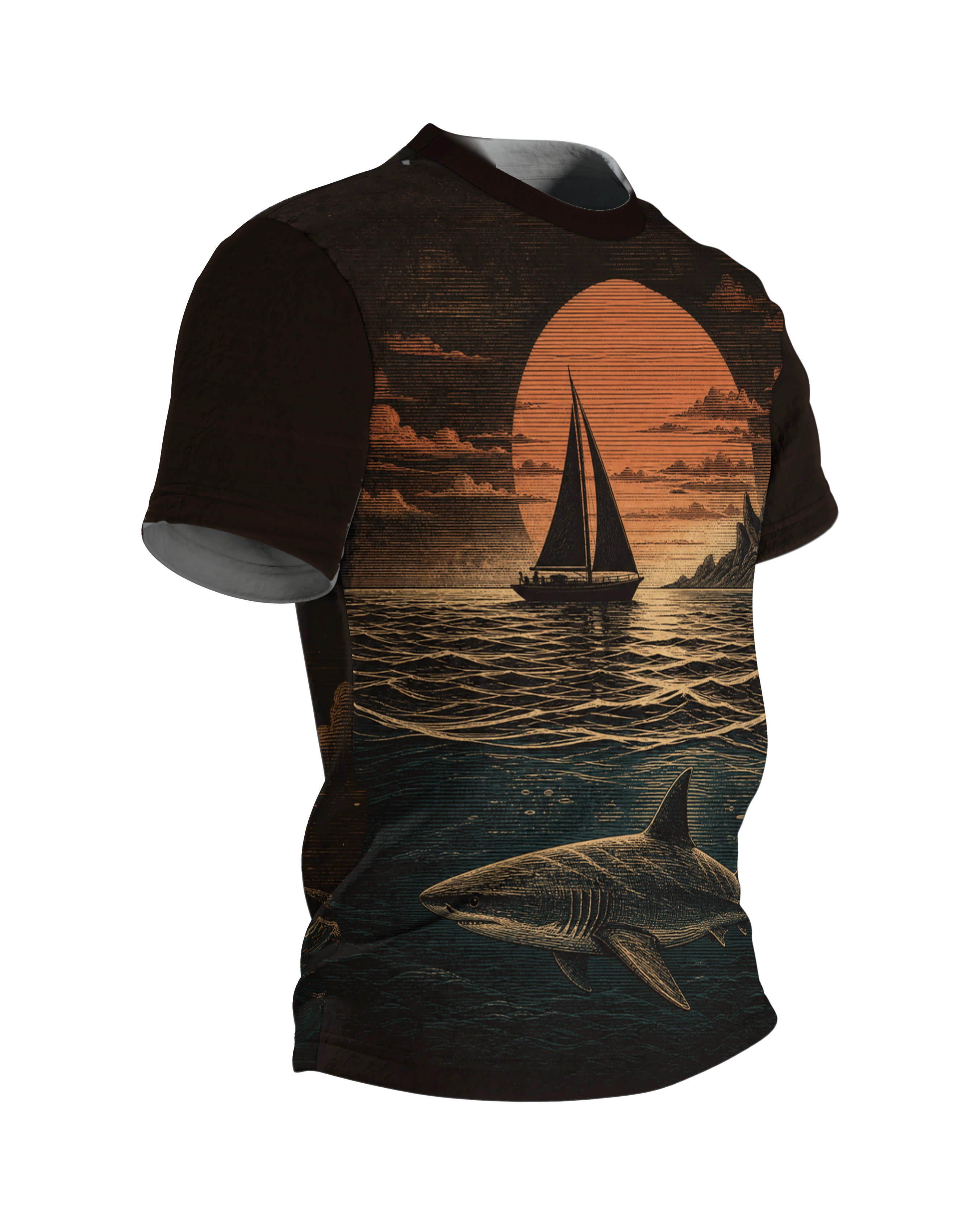 Segelboot T-Shirt: Holzschnitt-Abend mit Hai unter der Wasserlinie, Seitenansicht links
