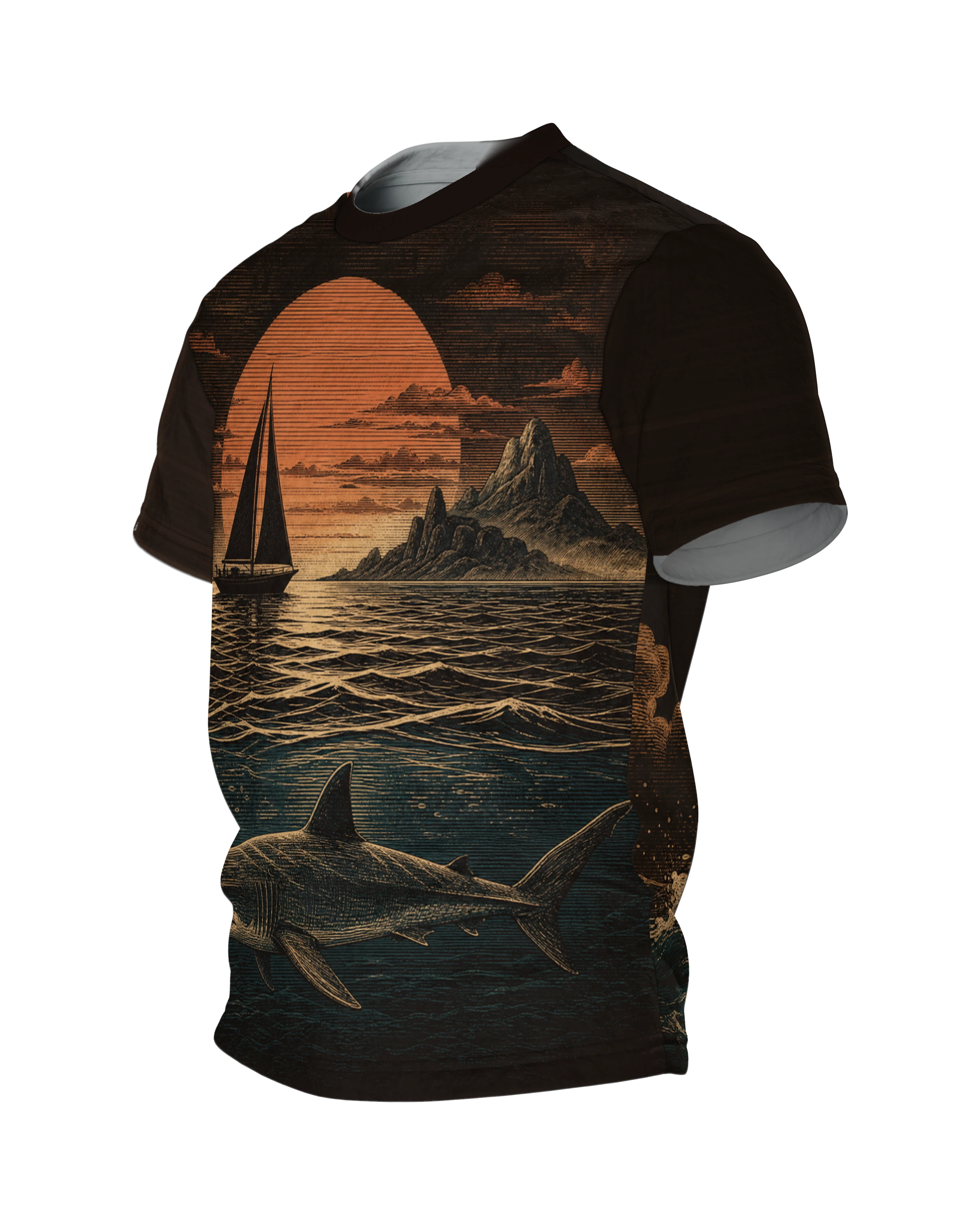 Segelboot T-Shirt: Holzschnitt-Abend mit Hai unter der Wasserlinie, Seitenansicht rechts
