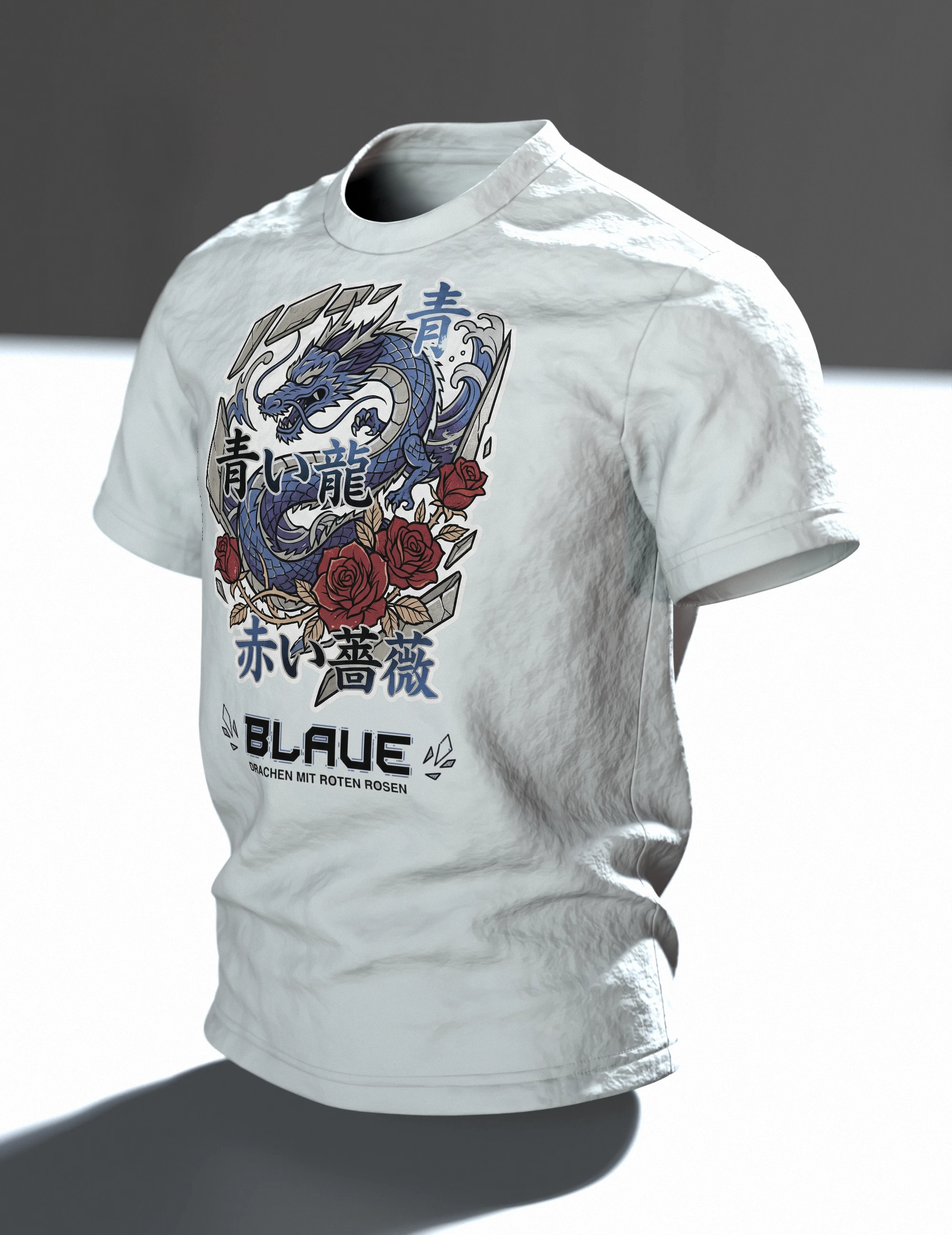 Blauer Drache T-Shirt, Im Raum, schräg