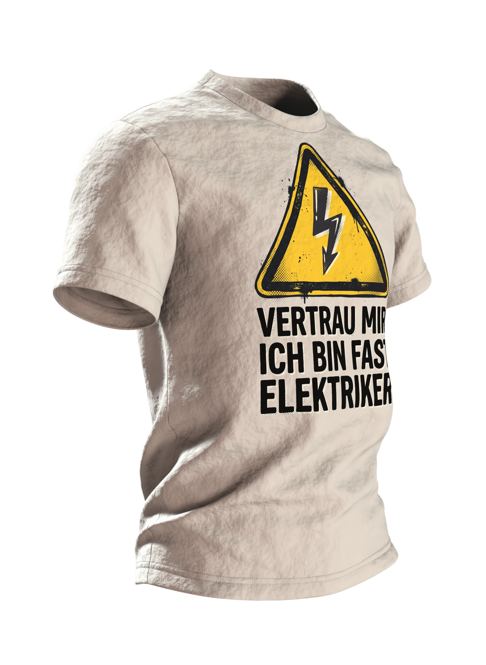 Elektriker T-Shirt "Vertrau mir, ich bin fast Elektriker", Warndreieck mit Blitz im Halbton-Druck, Seitenansicht links