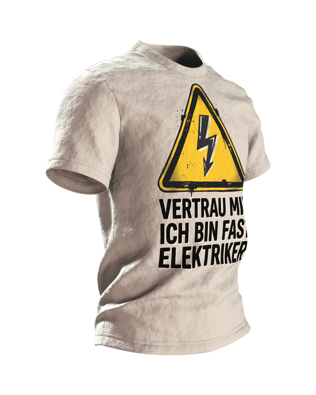 Elektriker T-Shirt "Vertrau mir, ich bin fast Elektriker", Warndreieck mit Blitz im Halbton-Druck, Seitenansicht links