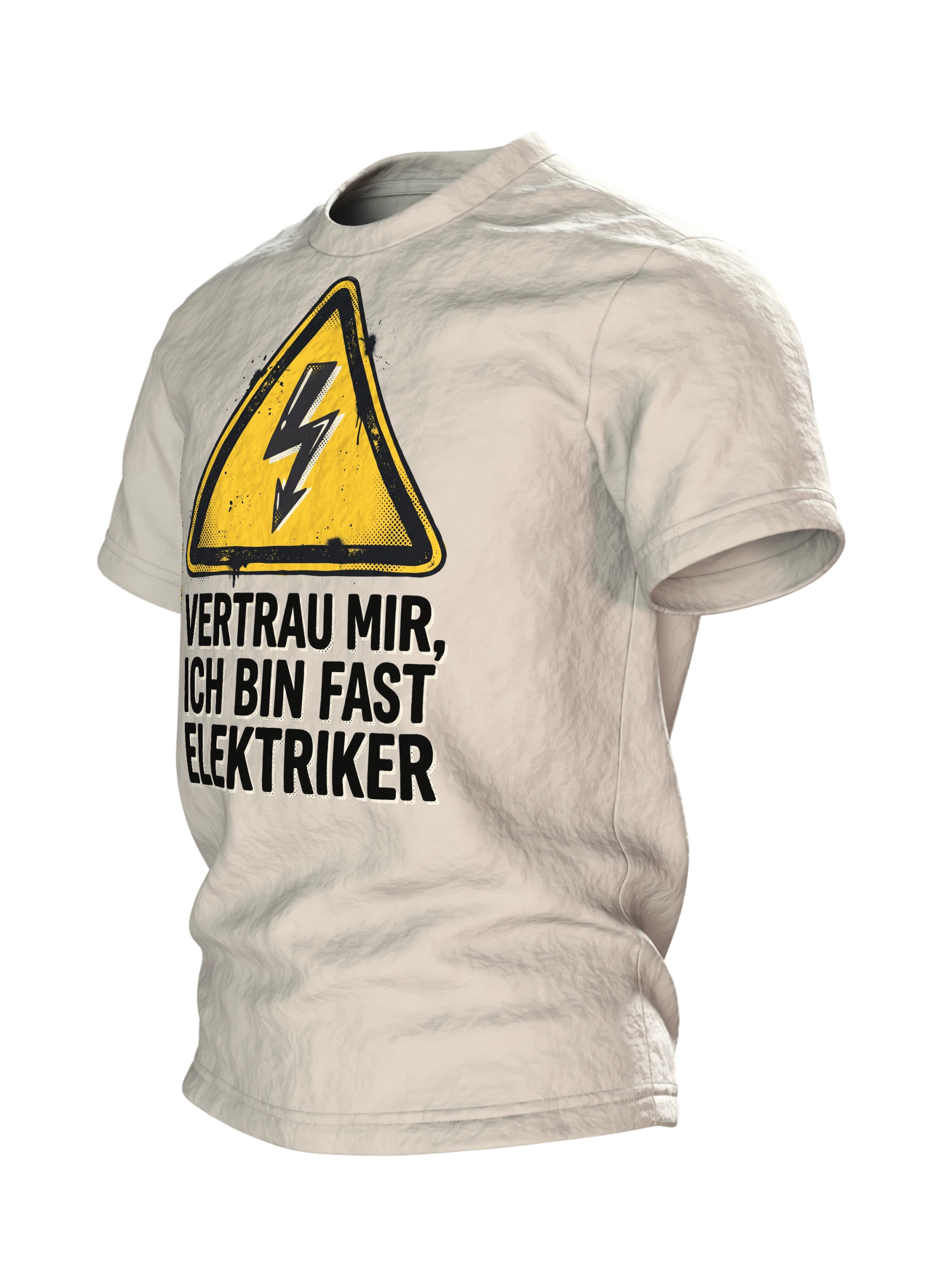 Elektriker T-Shirt "Vertrau mir, ich bin fast Elektriker", Warndreieck mit Blitz im Halbton-Druck, Seitenansicht rechts
