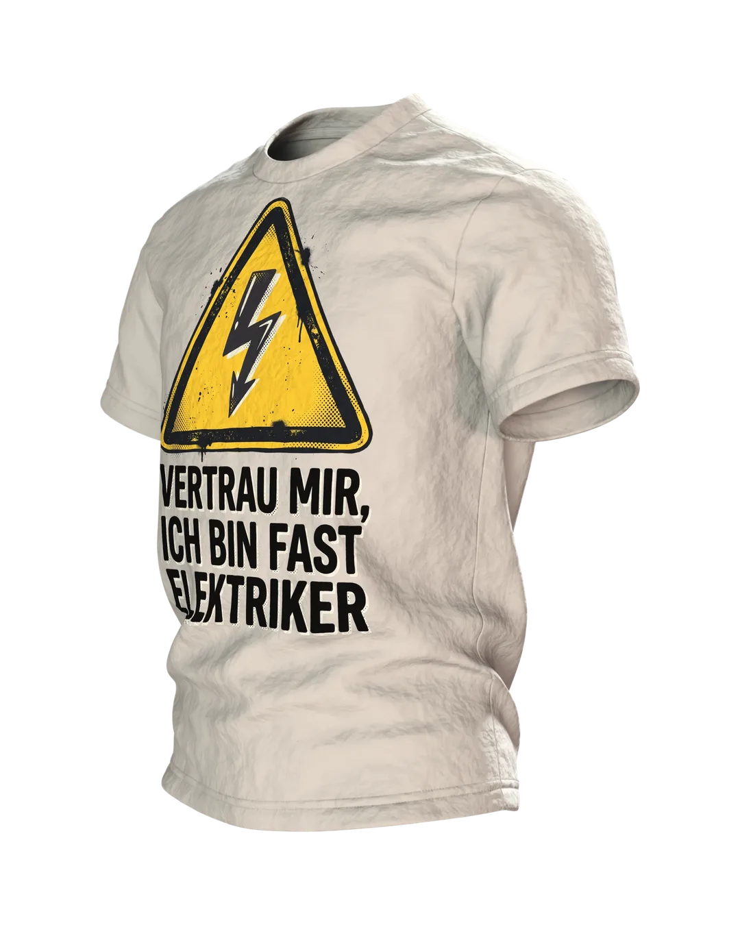 Elektriker T-Shirt "Vertrau mir, ich bin fast Elektriker", Warndreieck mit Blitz im Halbton-Druck, Seitenansicht rechts