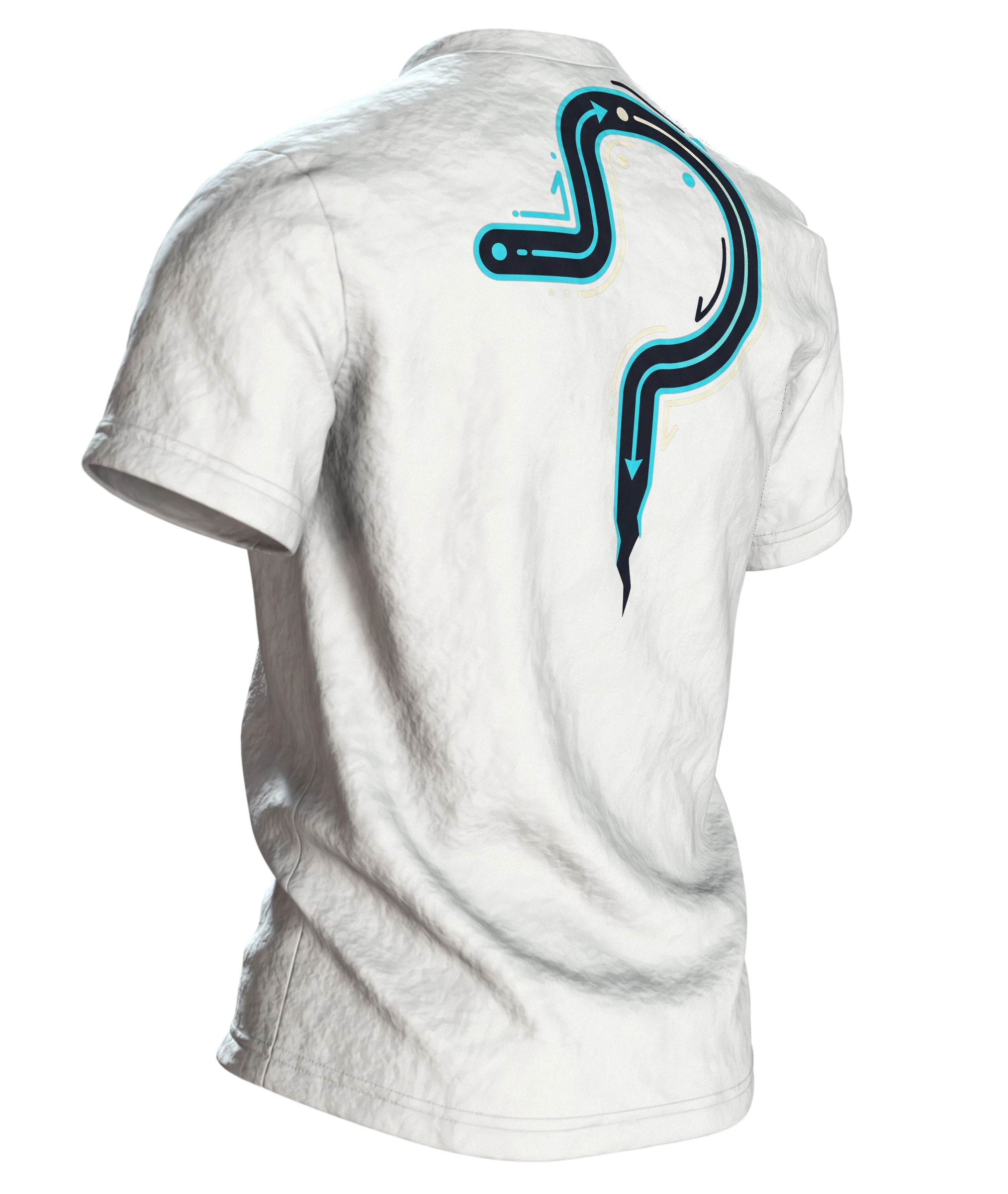 Läuft bei mir T-Shirt "Läuft bei mir. Langsam, aber läuft", Line-Art-Schnecke mit Blitz, Rückseite schräg rechts