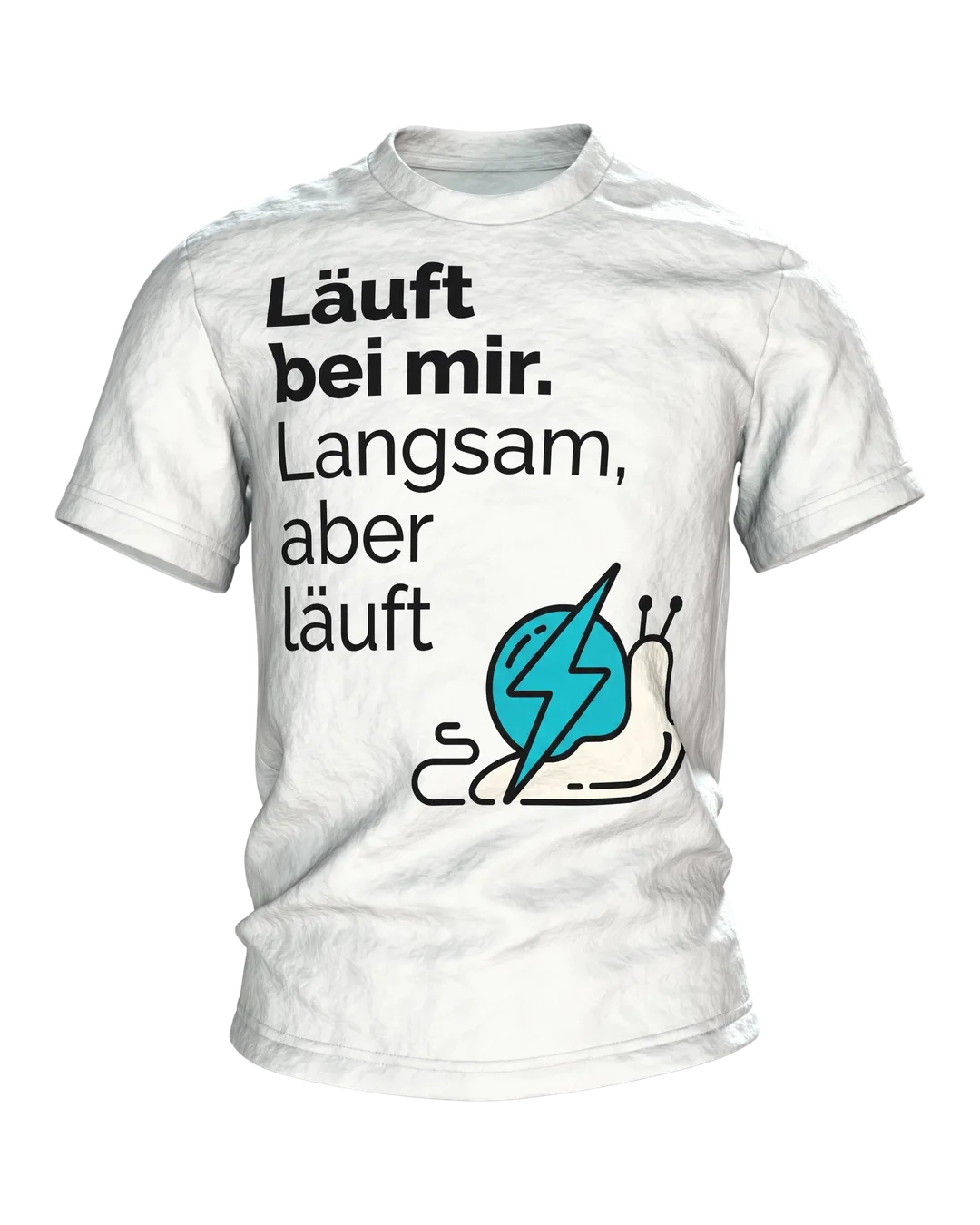 Läuft bei mir T-Shirt "Läuft bei mir. Langsam, aber läuft", Line-Art-Schnecke mit Blitz