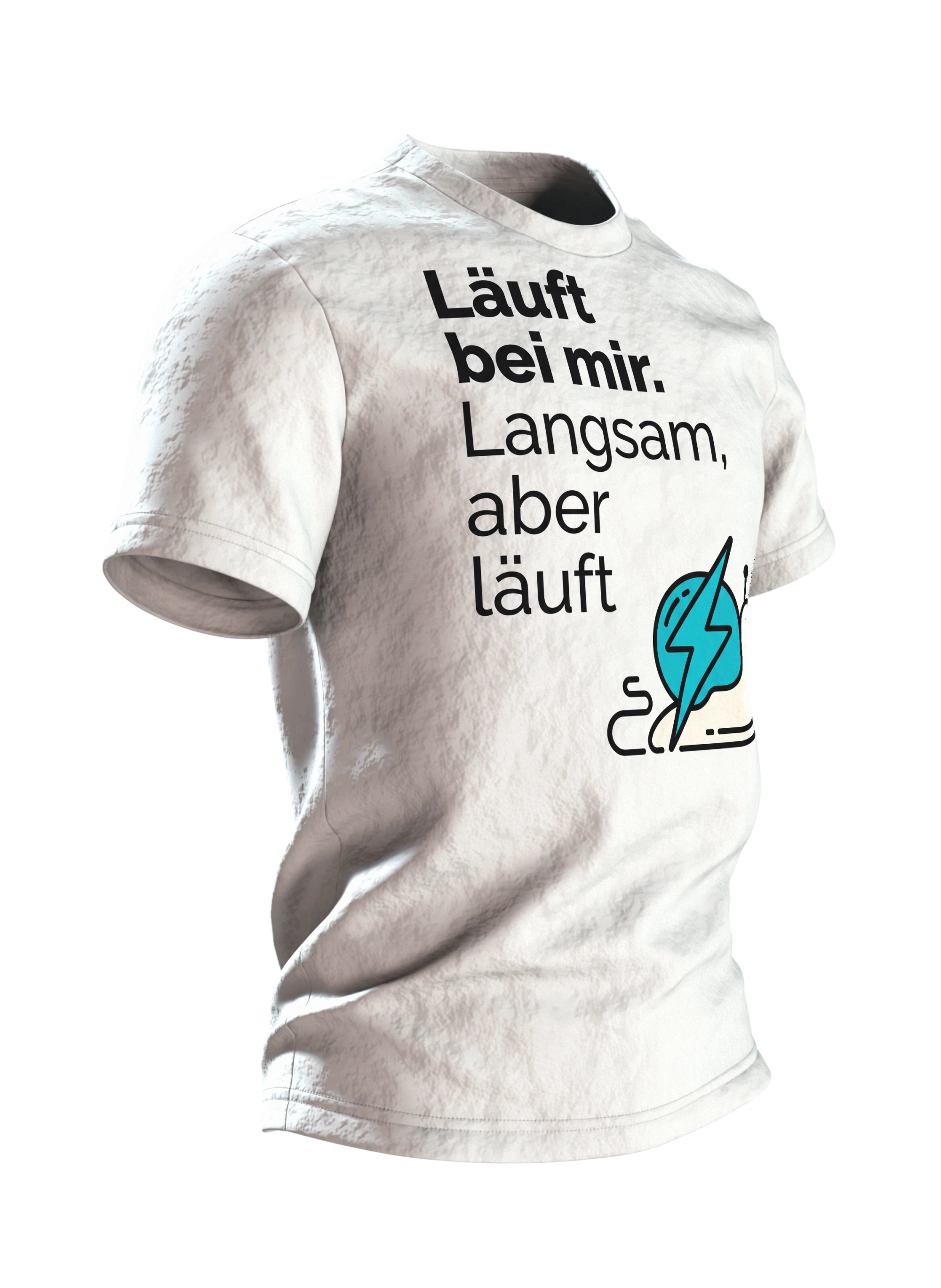 Läuft bei mir T-Shirt "Läuft bei mir. Langsam, aber läuft", Line-Art-Schnecke mit Blitz, Seitenansicht links