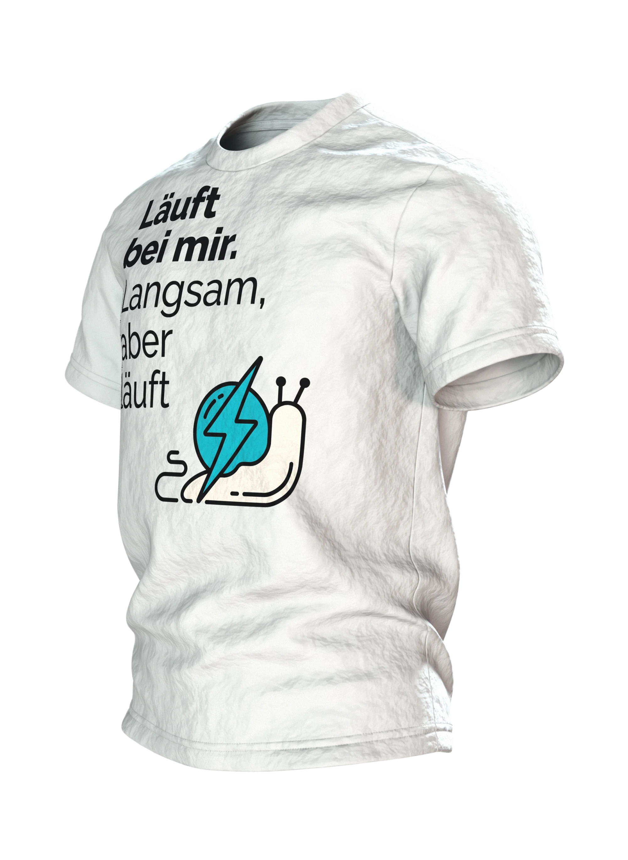 Läuft bei mir T-Shirt "Läuft bei mir. Langsam, aber läuft", Line-Art-Schnecke mit Blitz, Seitenansicht rechts