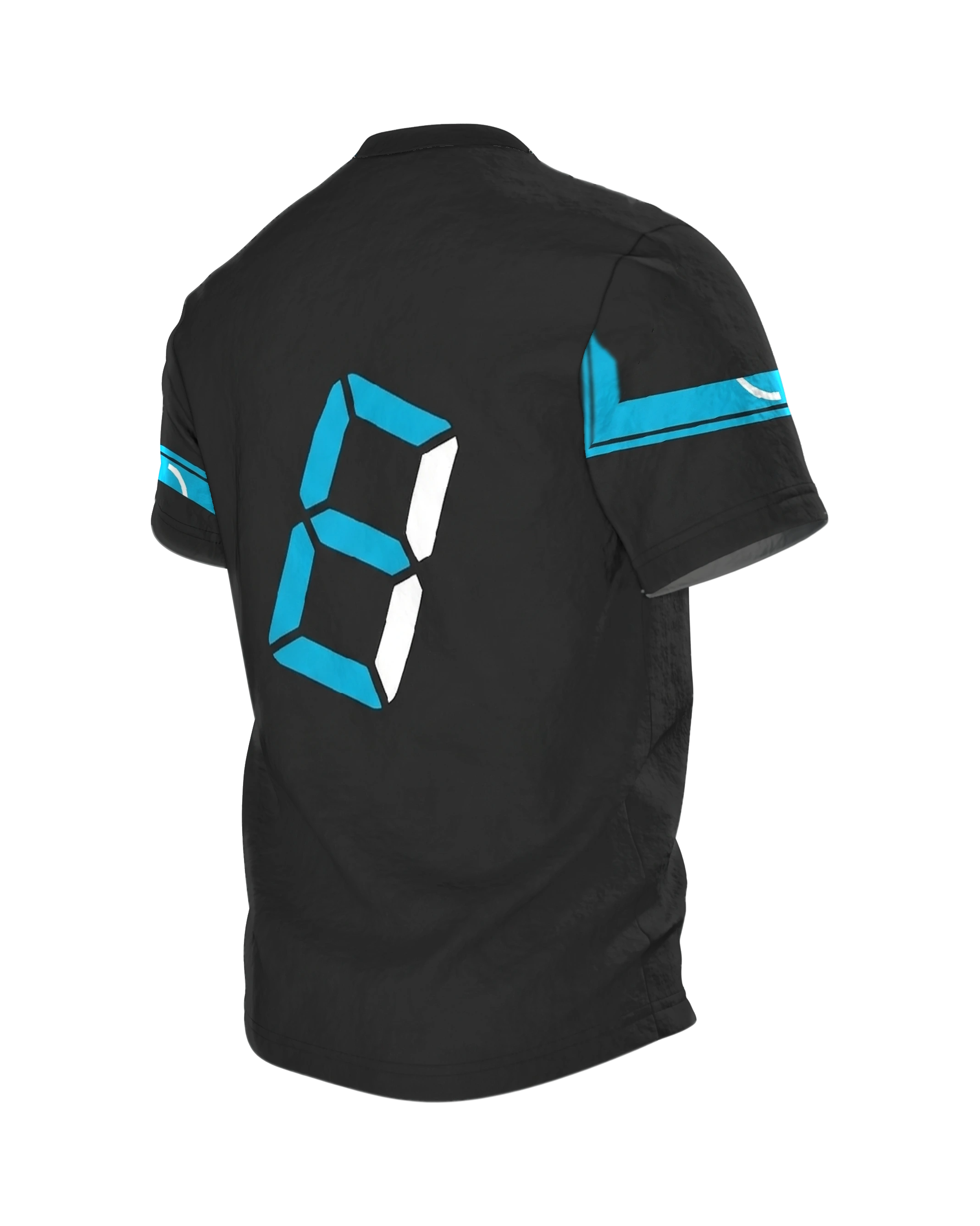 Stoppuhr Workout T-Shirt, Digitalziffern und Timer diagonal in Cyan auf Anthrazit, Rückseite schräg links