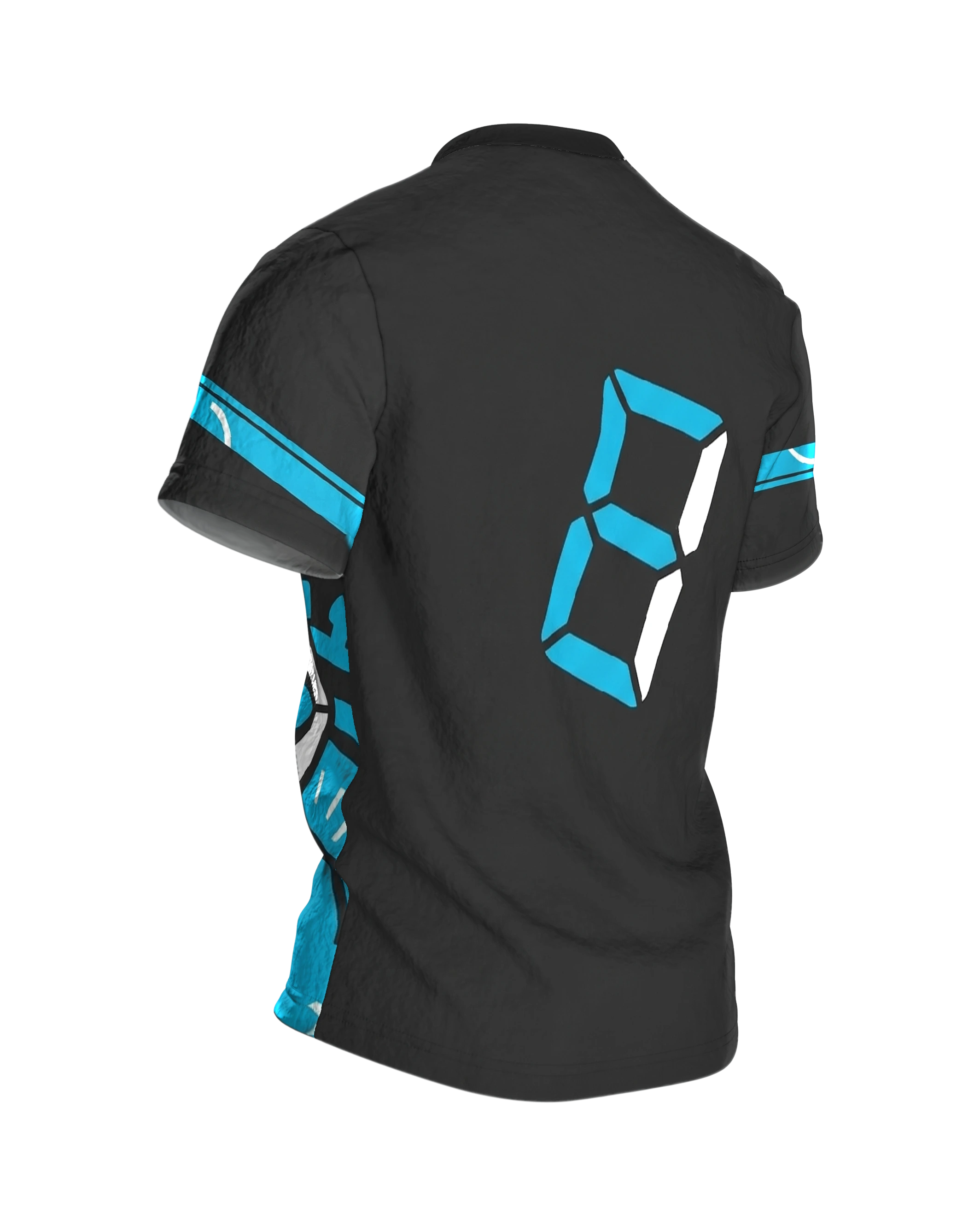 Stoppuhr Workout T-Shirt, Digitalziffern und Timer diagonal in Cyan auf Anthrazit, Rückseite schräg rechts