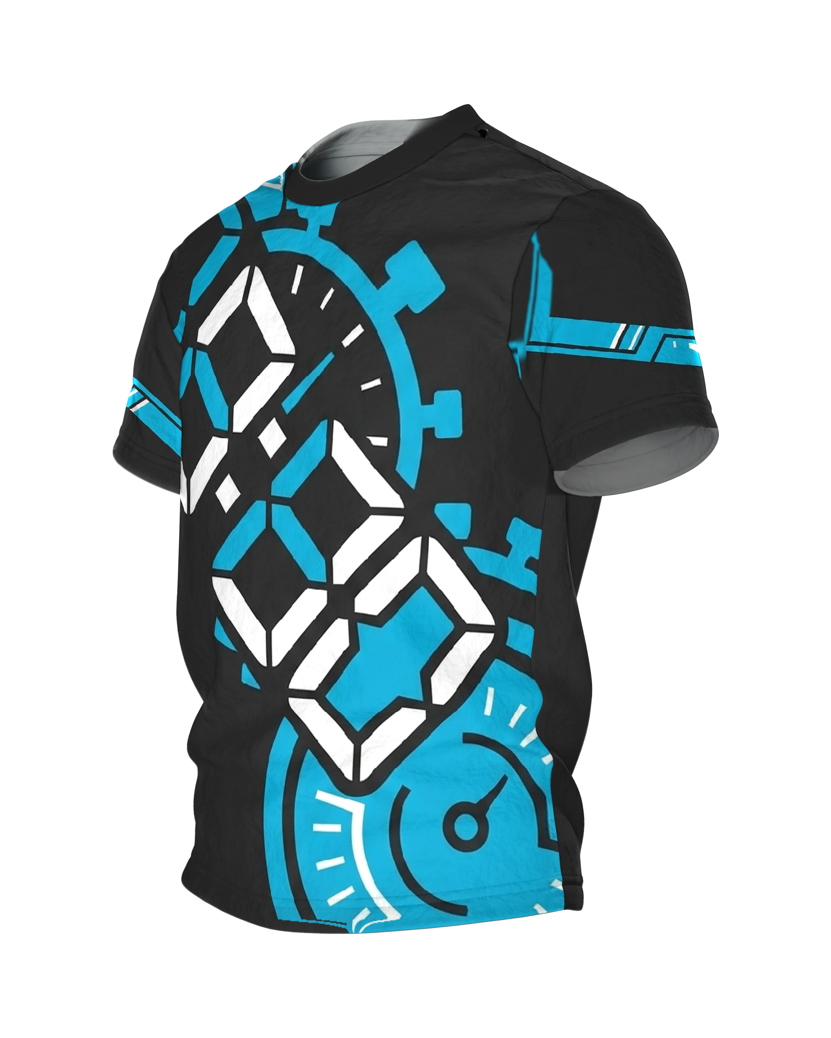 Stoppuhr Workout T-Shirt, Digitalziffern und Timer diagonal in Cyan auf Anthrazit, Seitenansicht rechts