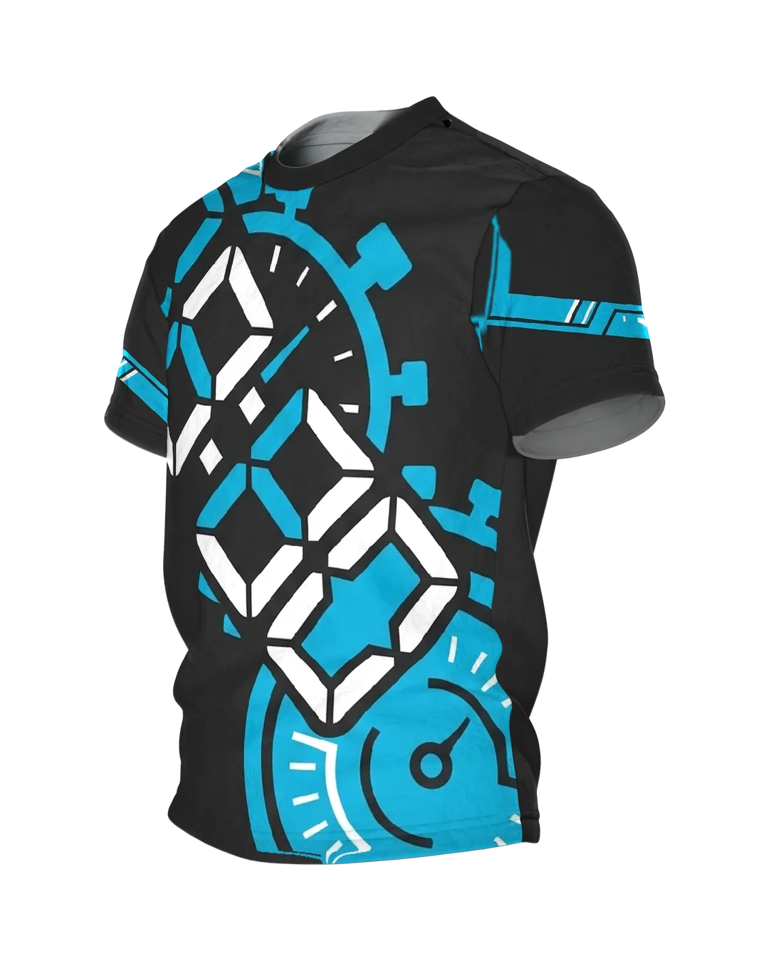Stoppuhr Workout T-Shirt, Digitalziffern und Timer diagonal in Cyan auf Anthrazit, Seitenansicht rechts