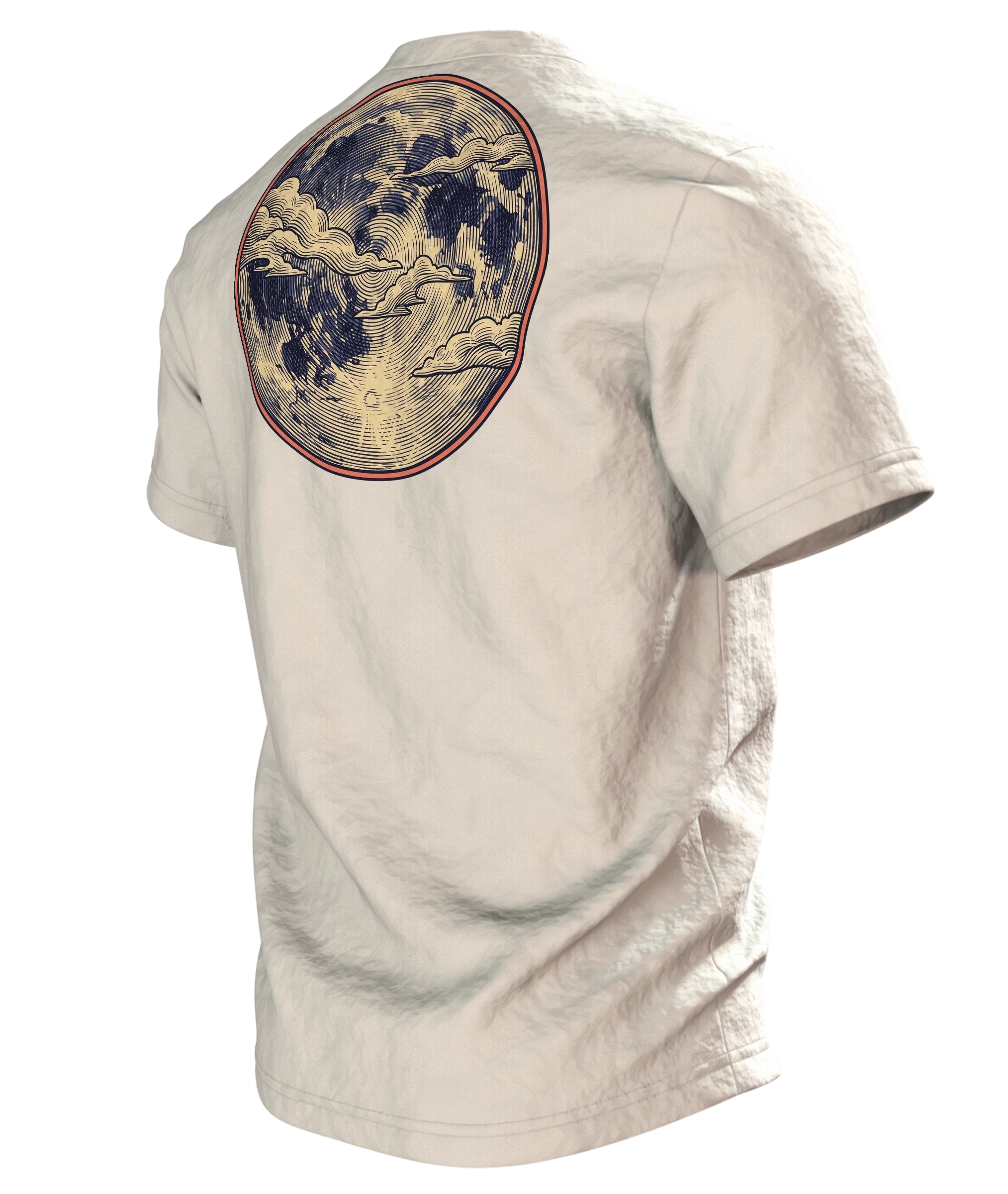 Ukiyo-e Katze T-Shirt, gravierte Tigerkatze auf der Welle mit Vollmond-Rücken, Rückseite schräg links