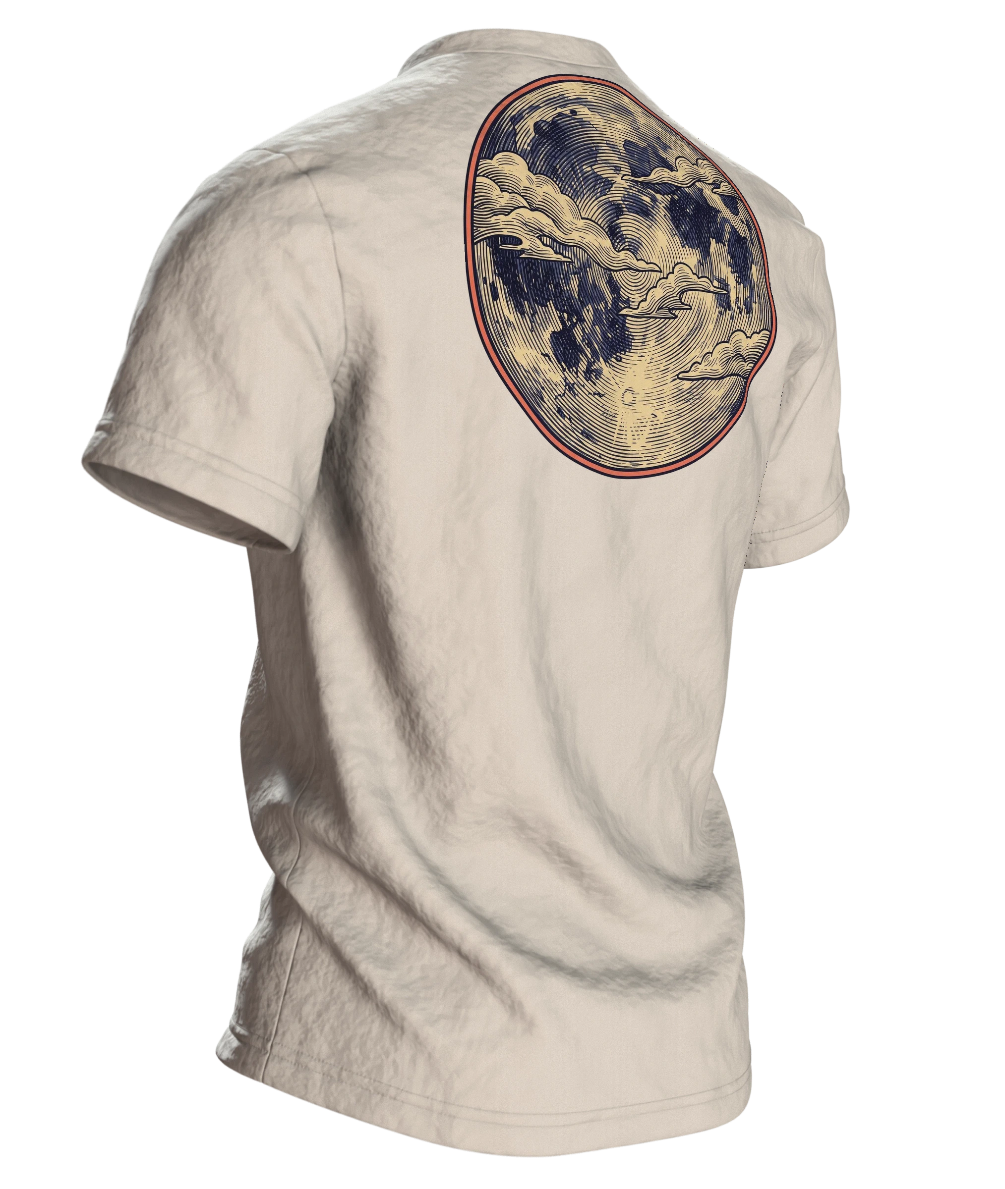 Ukiyo-e Katze T-Shirt, gravierte Tigerkatze auf der Welle mit Vollmond-Rücken, Rückseite schräg rechts