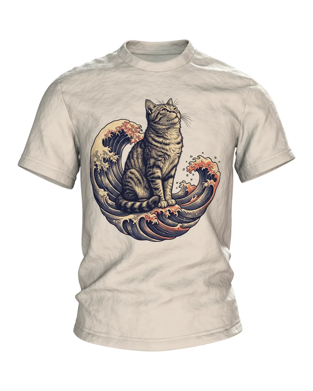 Ukiyo-e Katze T-Shirt, gravierte Tigerkatze auf der Welle mit Vollmond-Rücken