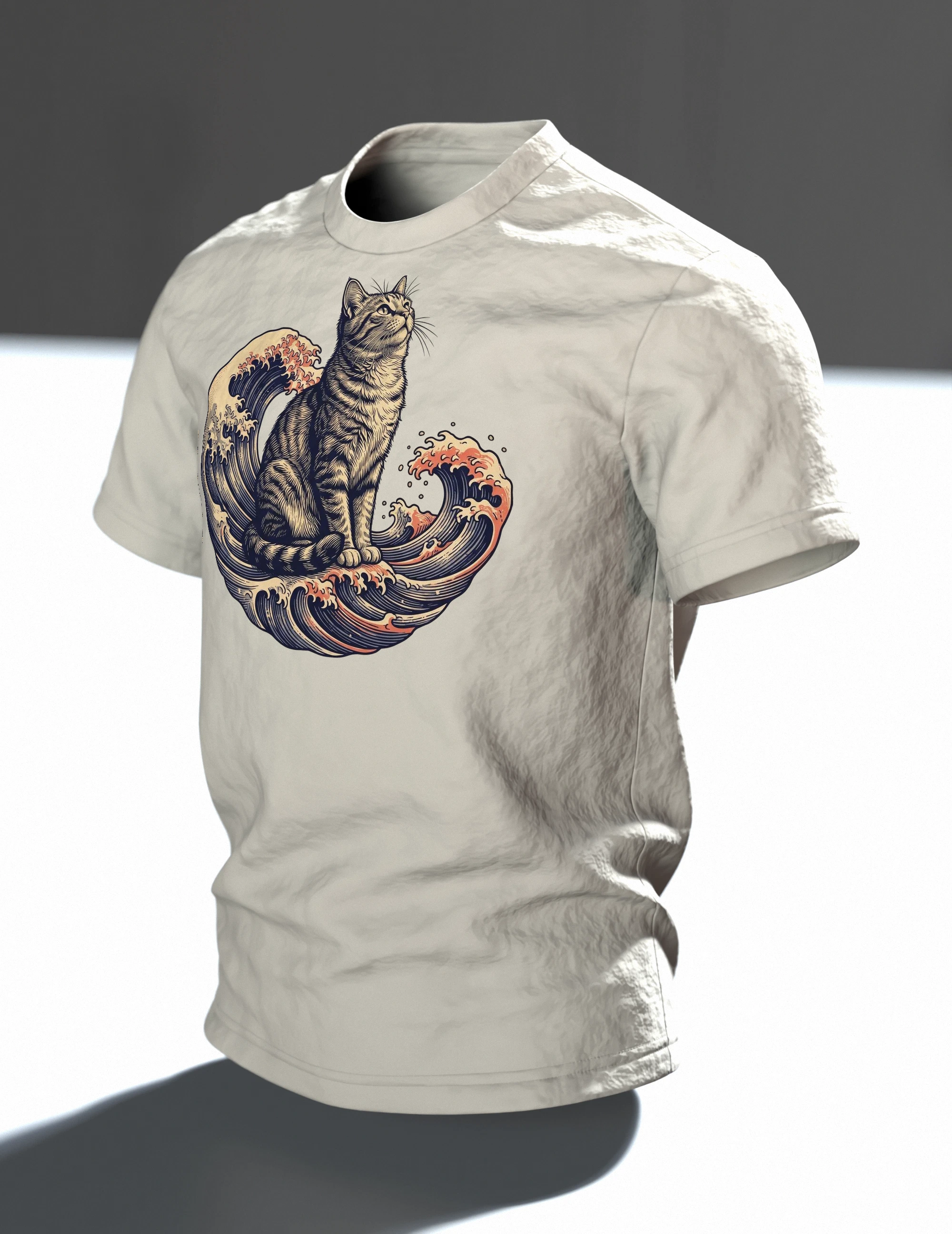 Ukiyo-e Katze T-Shirt, gravierte Tigerkatze auf der Welle mit Vollmond-Rücken, Im Raum, schräg