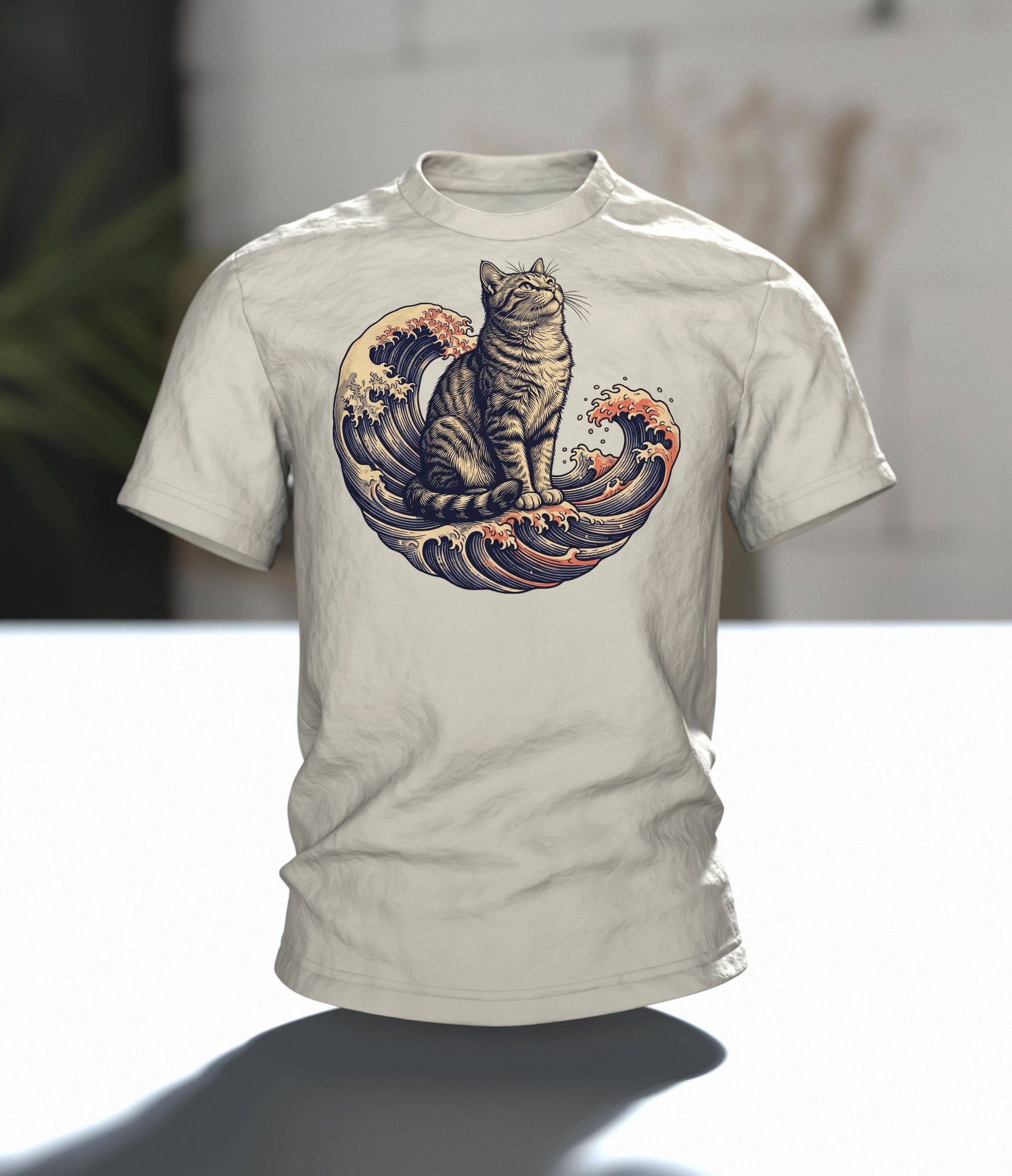 Ukiyo-e Katze T-Shirt, gravierte Tigerkatze auf der Welle mit Vollmond-Rücken, Im Raum