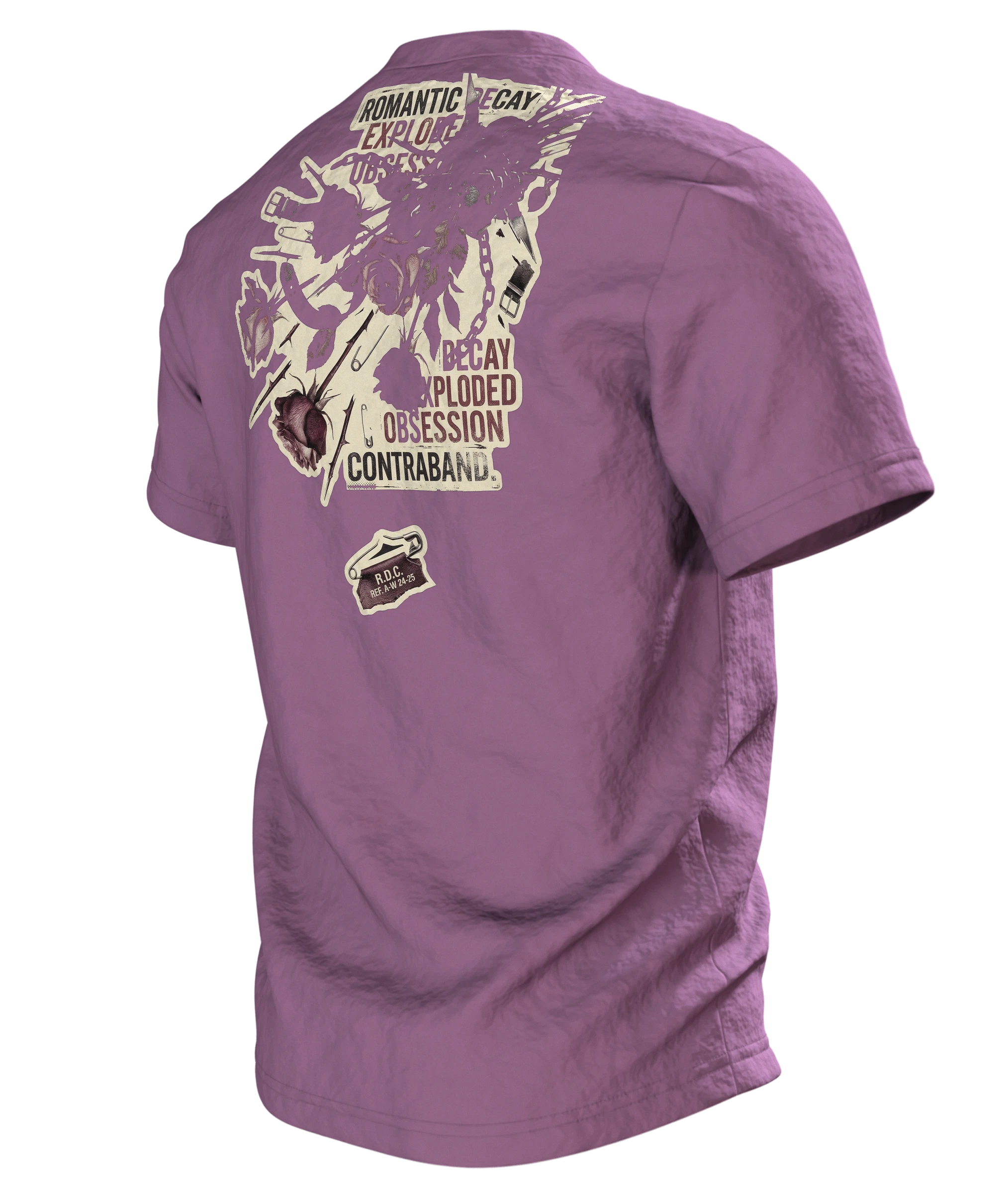 Romantic Decay T-Shirt, Rosen in Leder und Ketten mit Exploded-View-Rücken, Rückseite schräg links