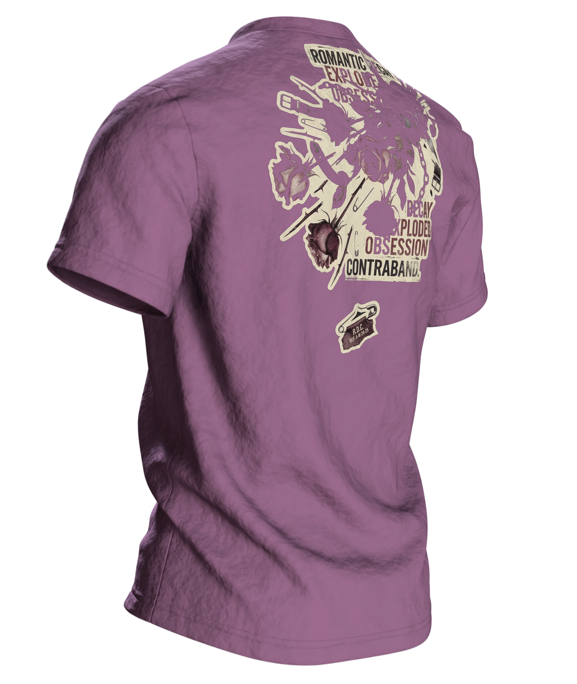 Romantic Decay T-Shirt, Rosen in Leder und Ketten mit Exploded-View-Rücken, Rückseite schräg rechts