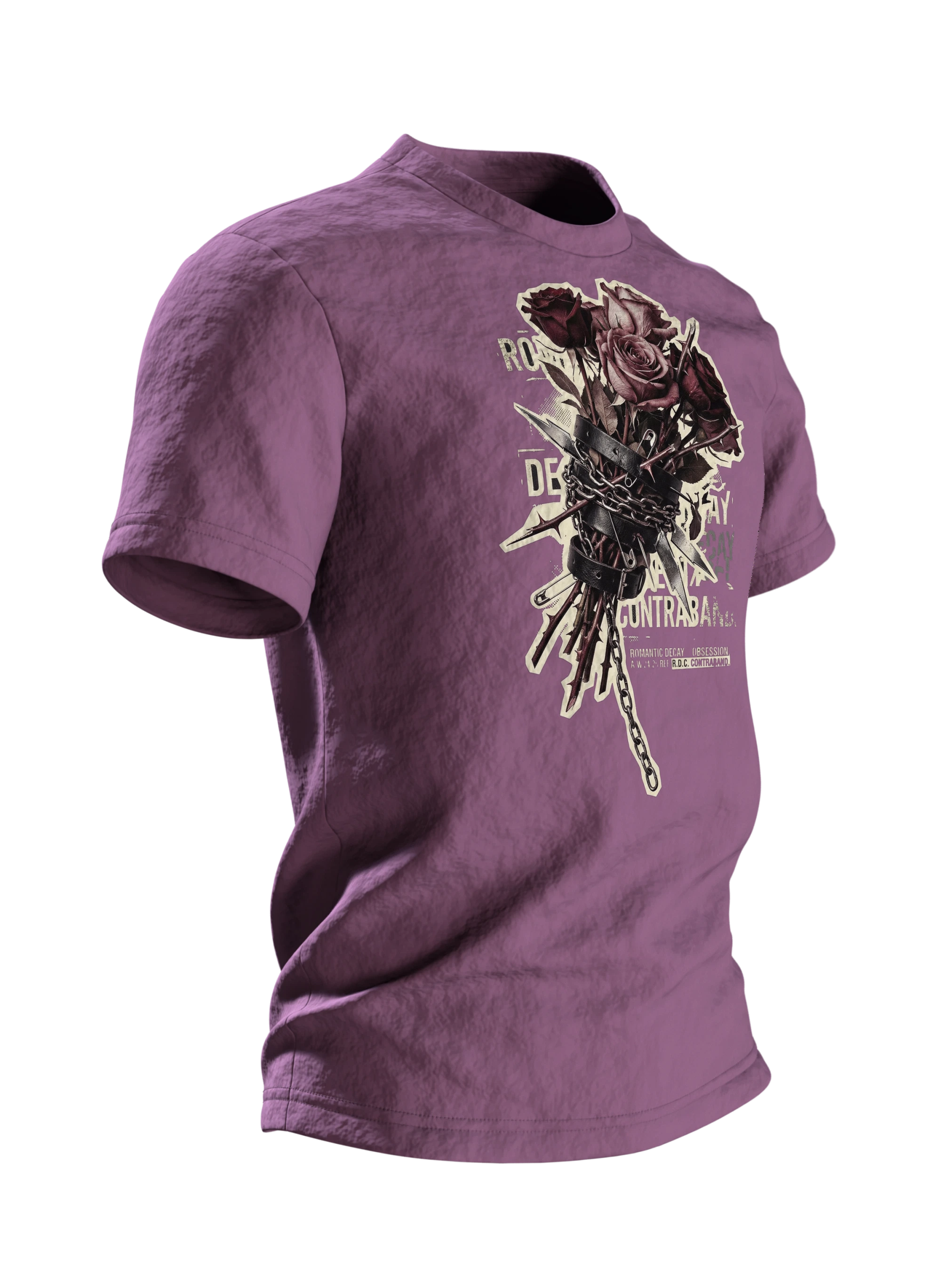 Romantic Decay T-Shirt, Rosen in Leder und Ketten mit Exploded-View-Rücken, Seitenansicht links